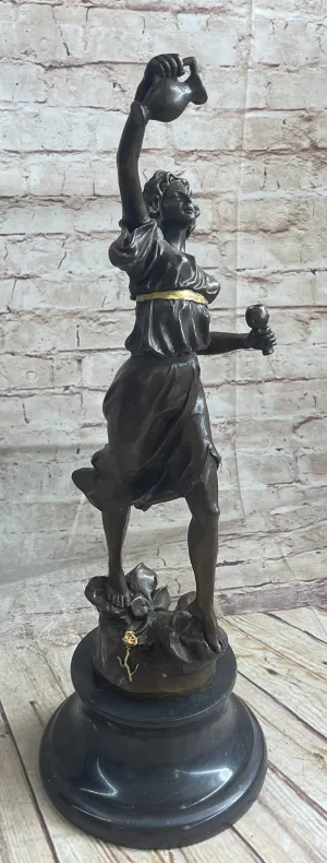 Bronze Metal Statue on Marble Base Woman Girl Holding Wine Jug & Cup Sculpture