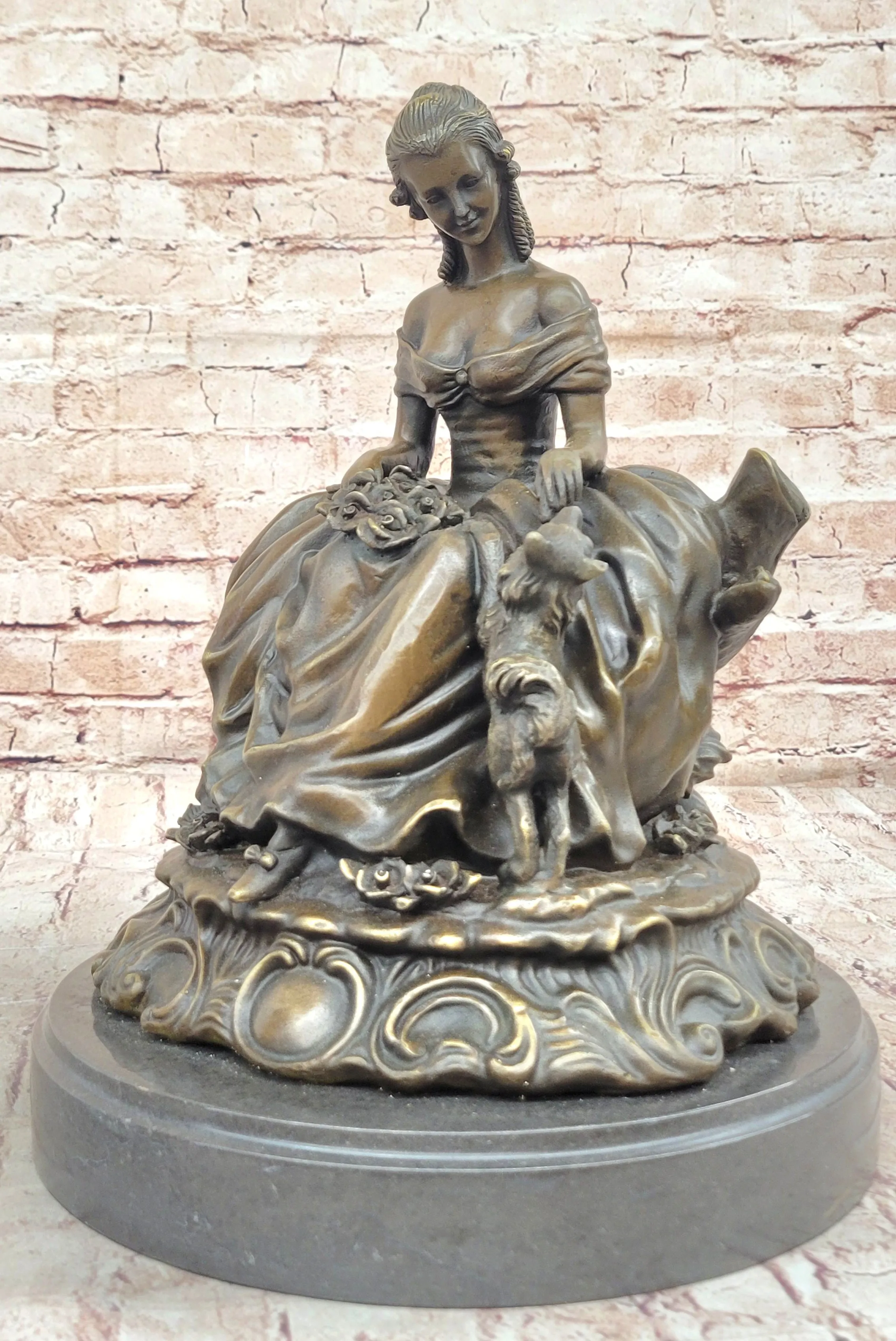 Bronze Sculpture of Victorian Lady with Dog Signed A. Moreau