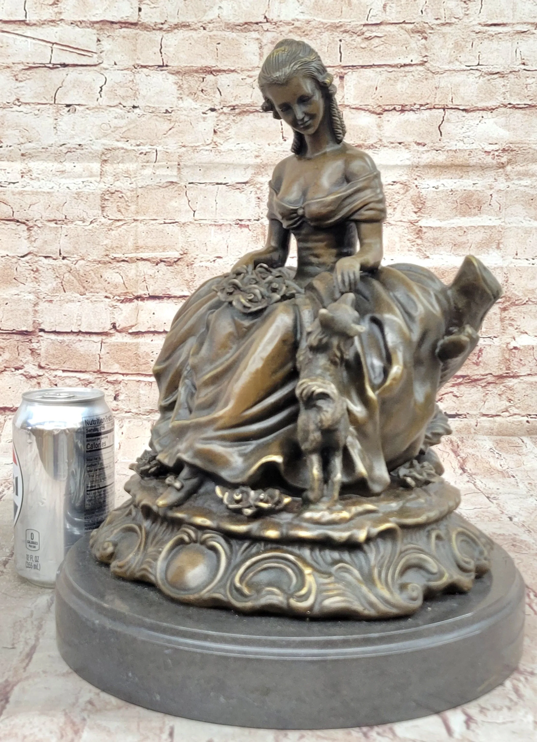 Bronze Sculpture of Victorian Lady with Dog Signed A. Moreau