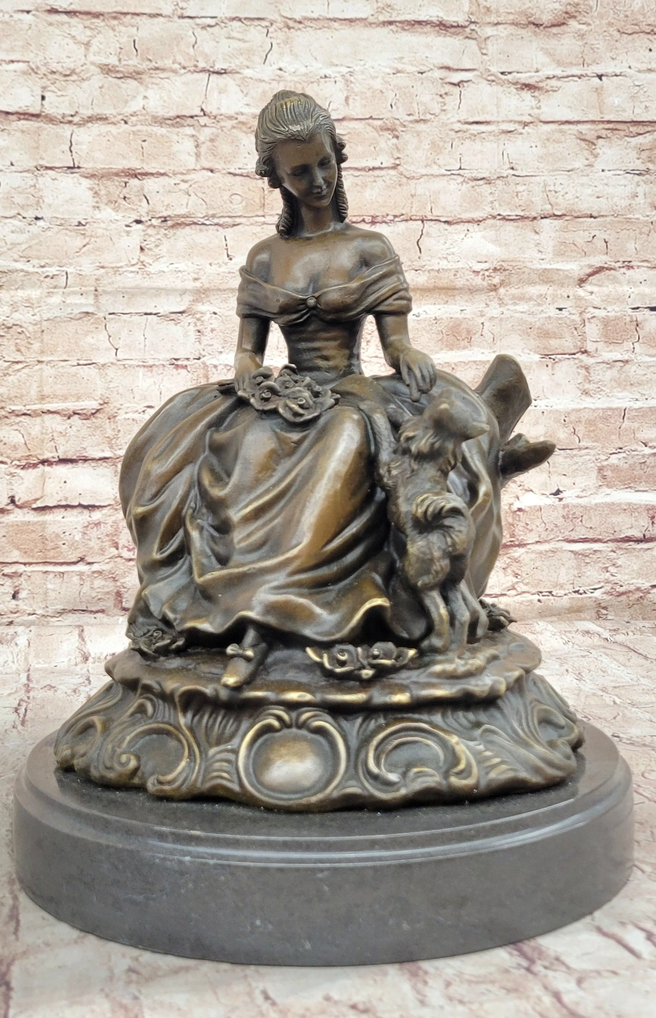 Bronze Sculpture of Victorian Lady with Dog Signed A. Moreau