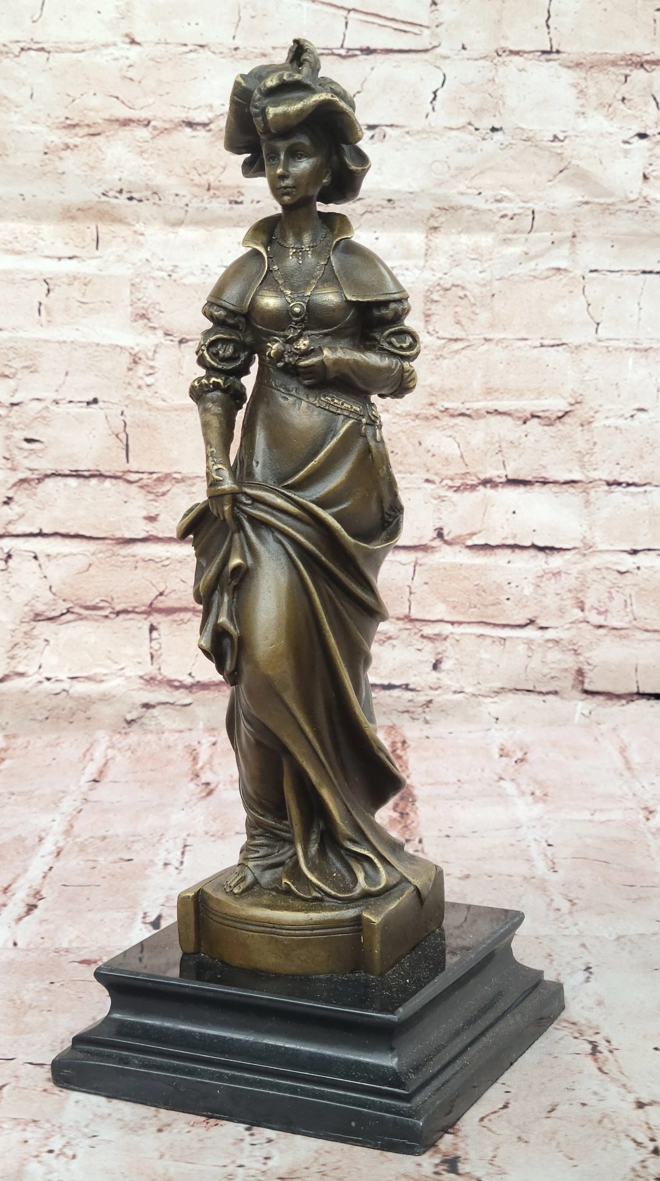 Bronze Victorian Lady Holding Roses – Signed Classic Artwork Figurine, Home Decoration