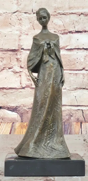 Elegant Bronze Lady Sculpture – Classic Figurine in Flowing Gown on Marble Base