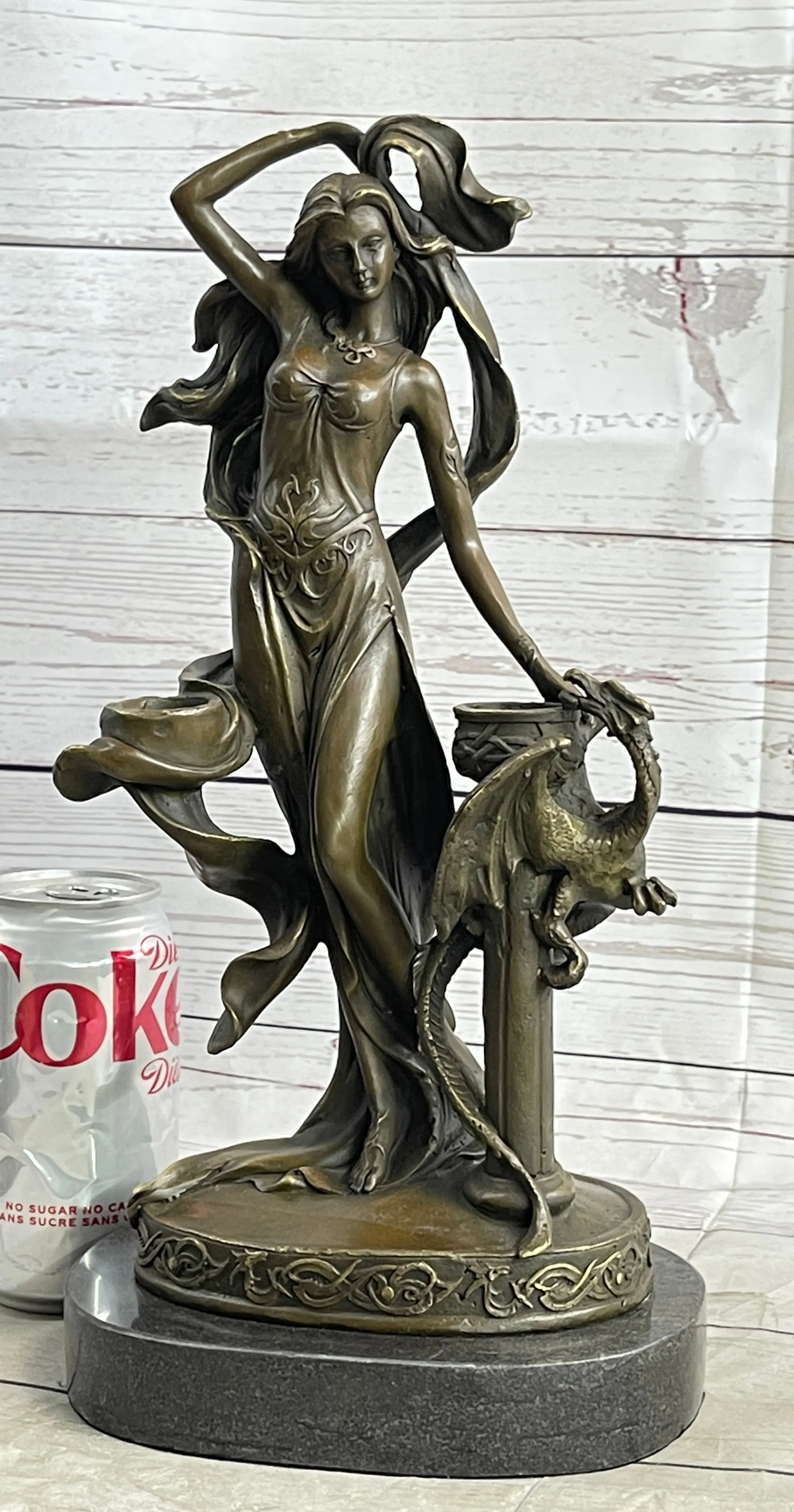 Fantasy Female Figure Princess Dragon Candle Holder Candelabra Bronze Sculpture