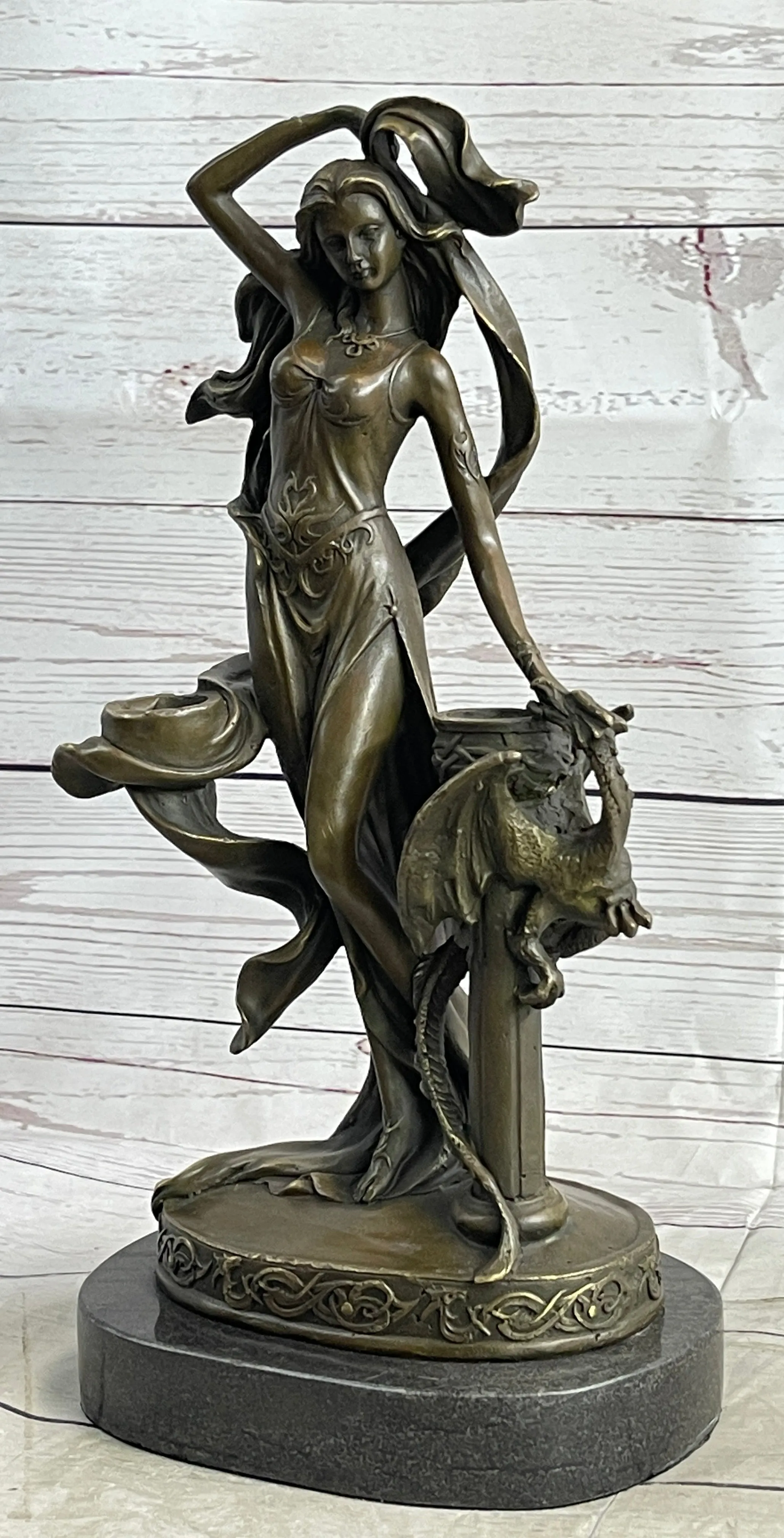 Fantasy Female Figure Princess Dragon Candle Holder Candelabra Bronze Sculpture