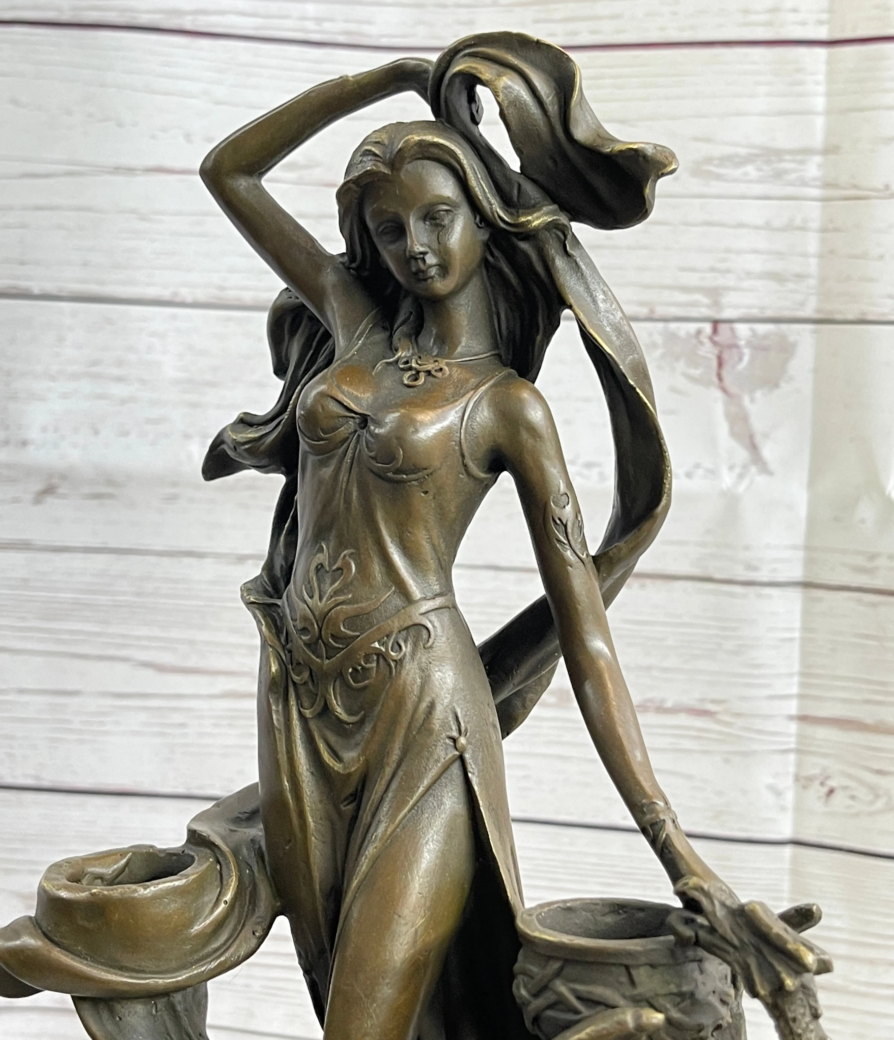 Fantasy Female Figure Princess Dragon Candle Holder Candelabra Bronze Sculpture