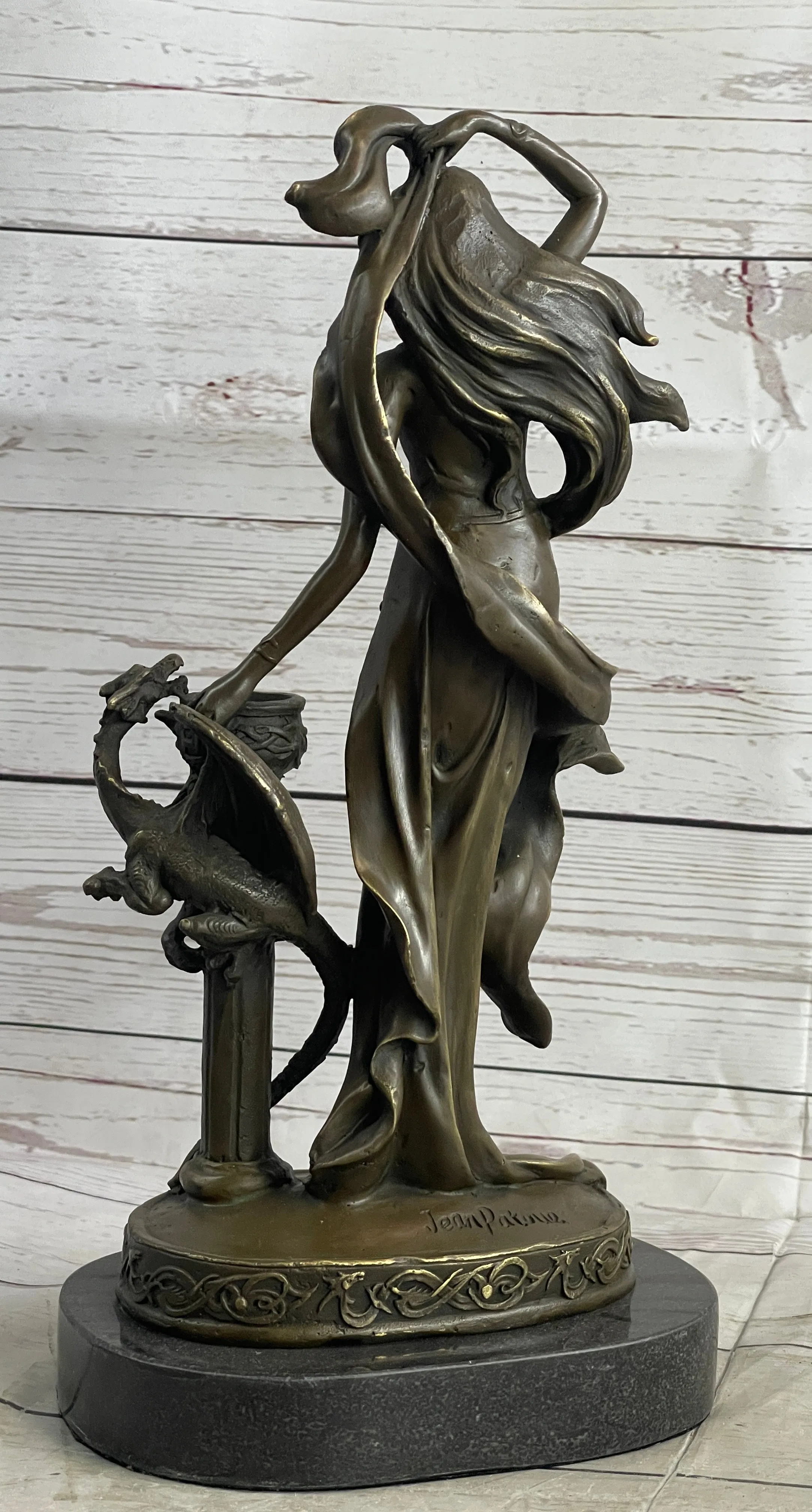 Fantasy Female Figure Princess Dragon Candle Holder Candelabra Bronze Sculpture