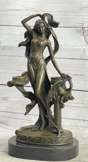 Fantasy Female Figure Princess Dragon Candle Holder Candelabra Bronze Sculpture