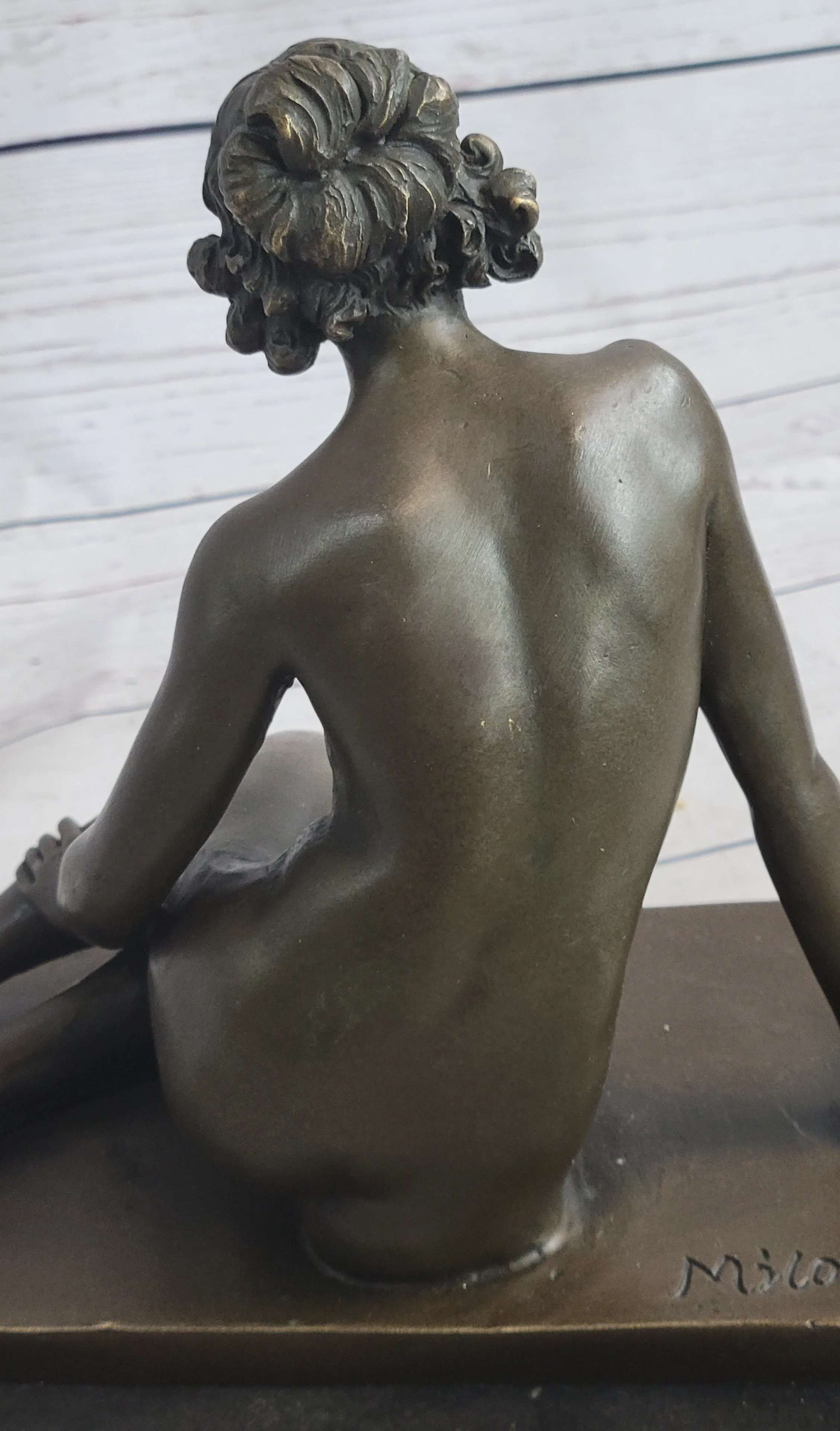 Nude Seated Classical Female Bronze Statue Sculpture Figure on Marble Base by Milo