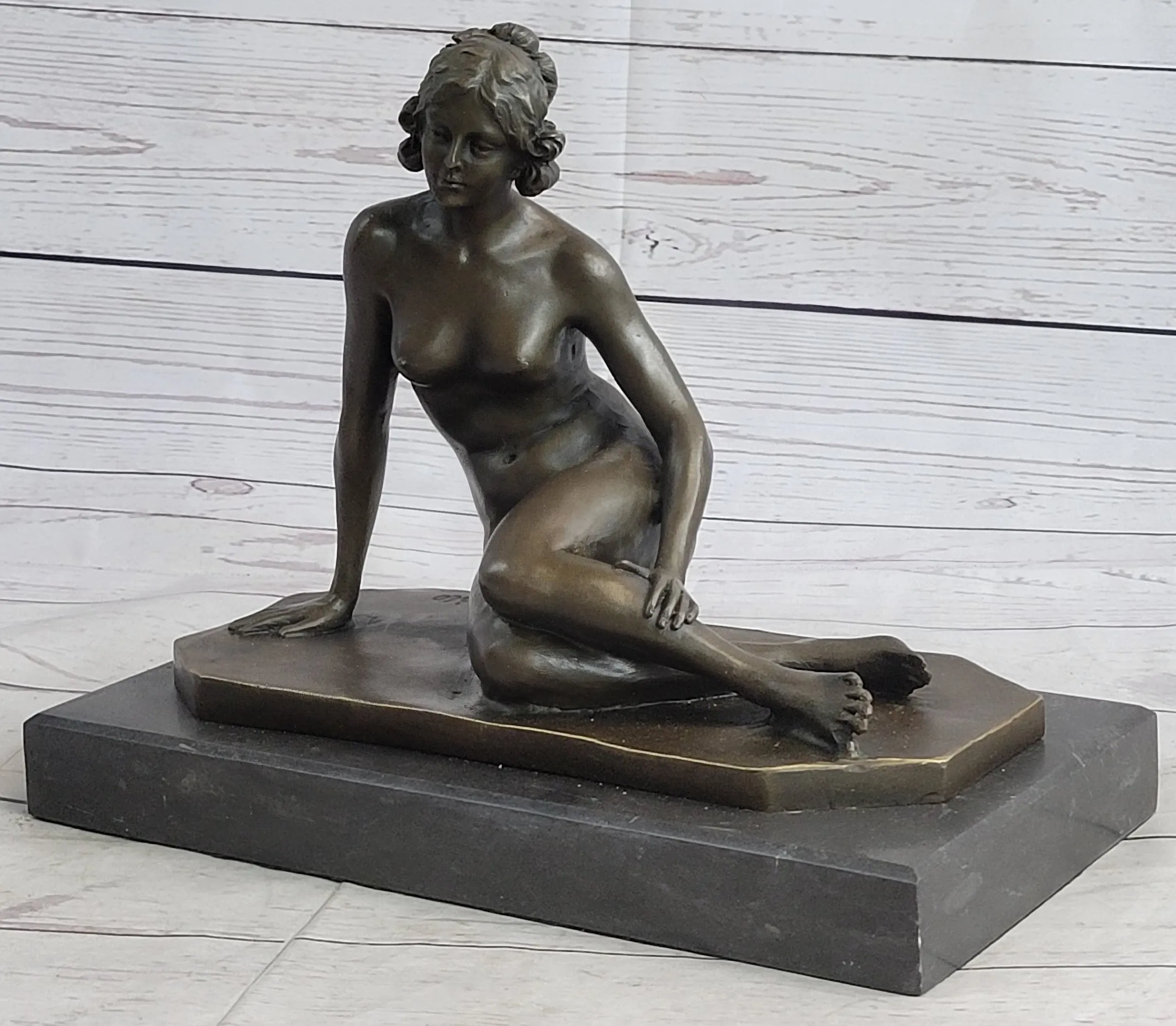 Nude Seated Classical Female Bronze Statue Sculpture Figure on Marble Base by Milo