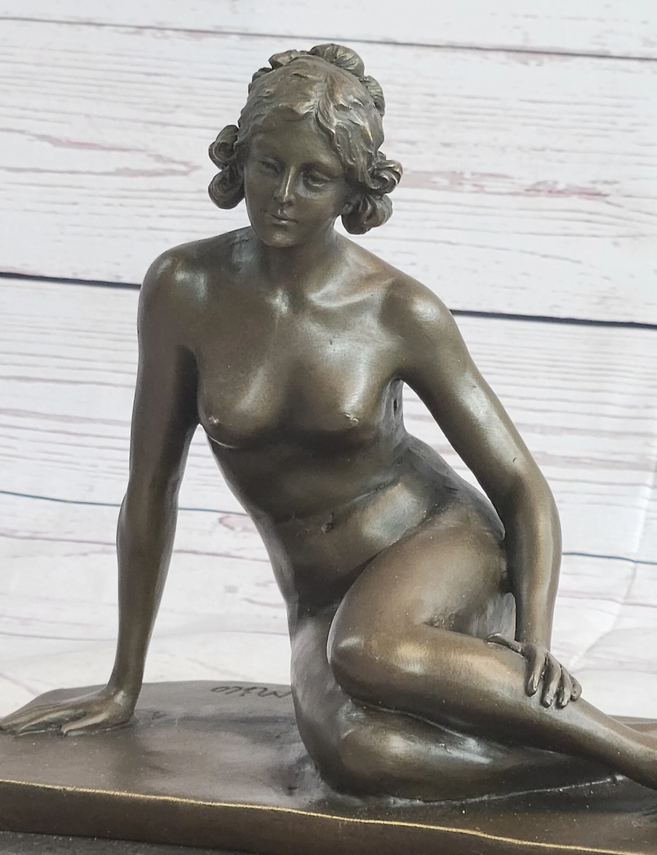 Nude Seated Classical Female Bronze Statue Sculpture Figure on Marble Base by Milo