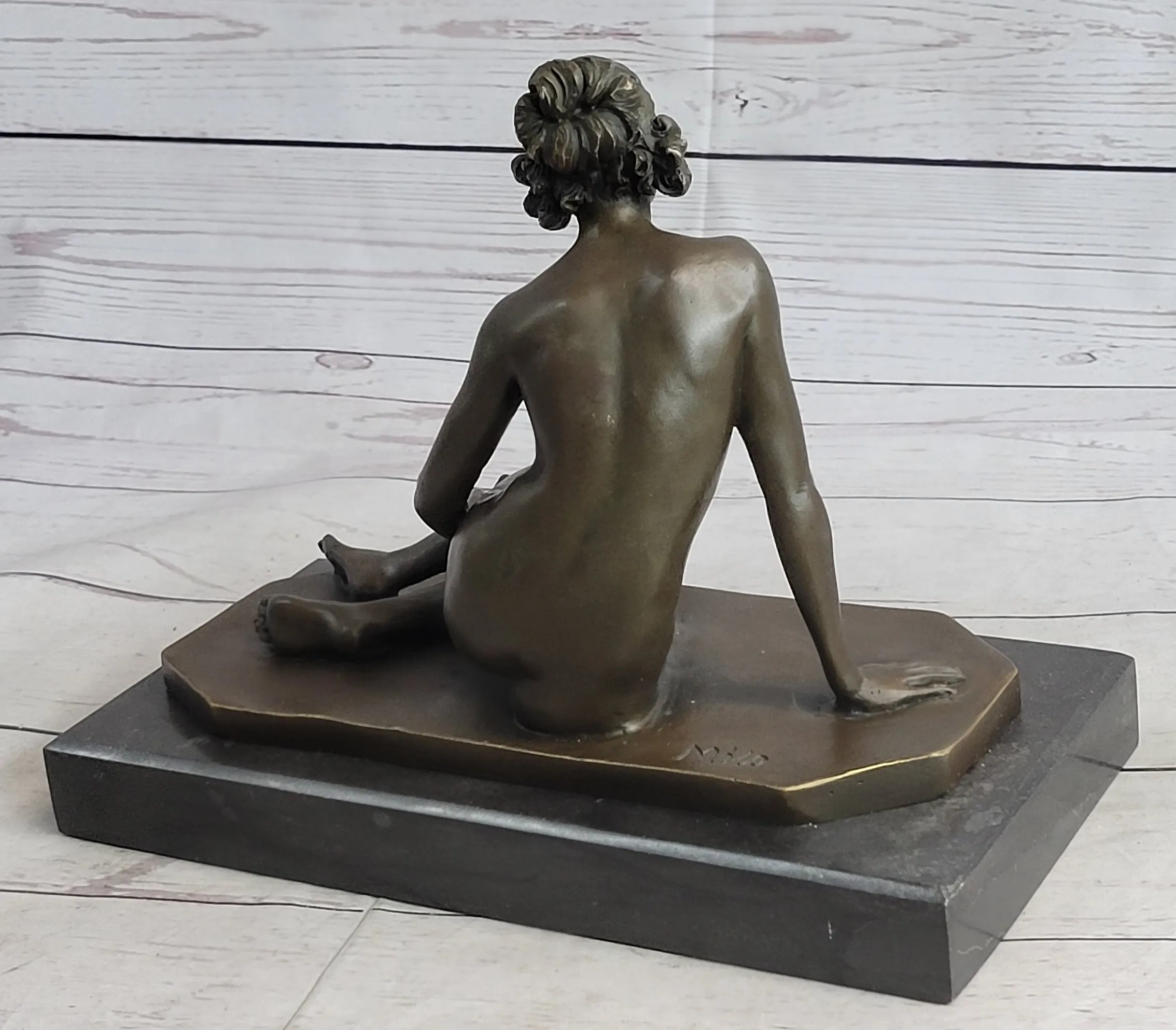 Nude Seated Classical Female Bronze Statue Sculpture Figure on Marble Base by Milo