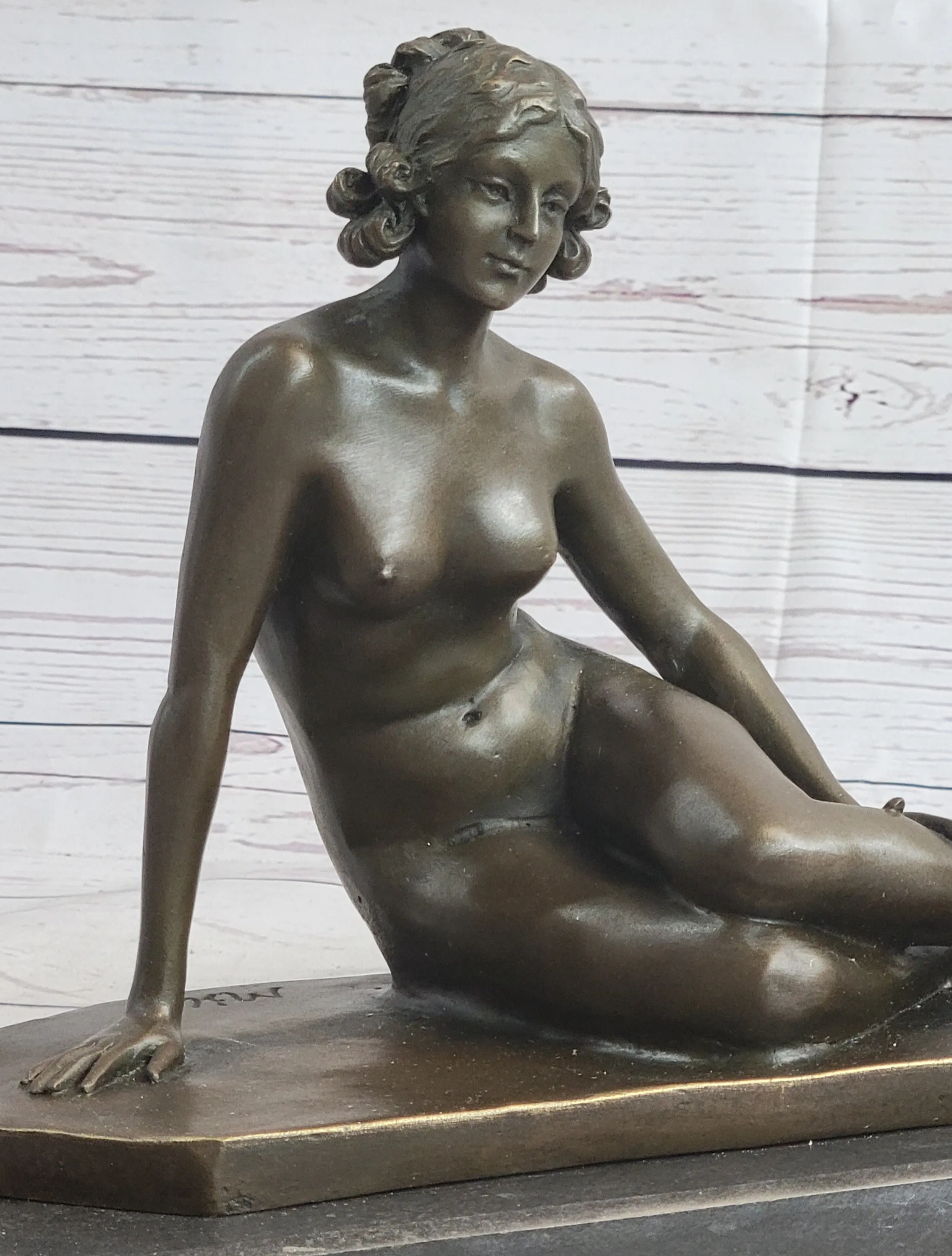 Nude Seated Classical Female Bronze Statue Sculpture Figure on Marble Base by Milo