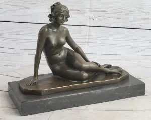 Nude Seated Classical Female Bronze Statue Sculpture Figure on Marble Base by Milo