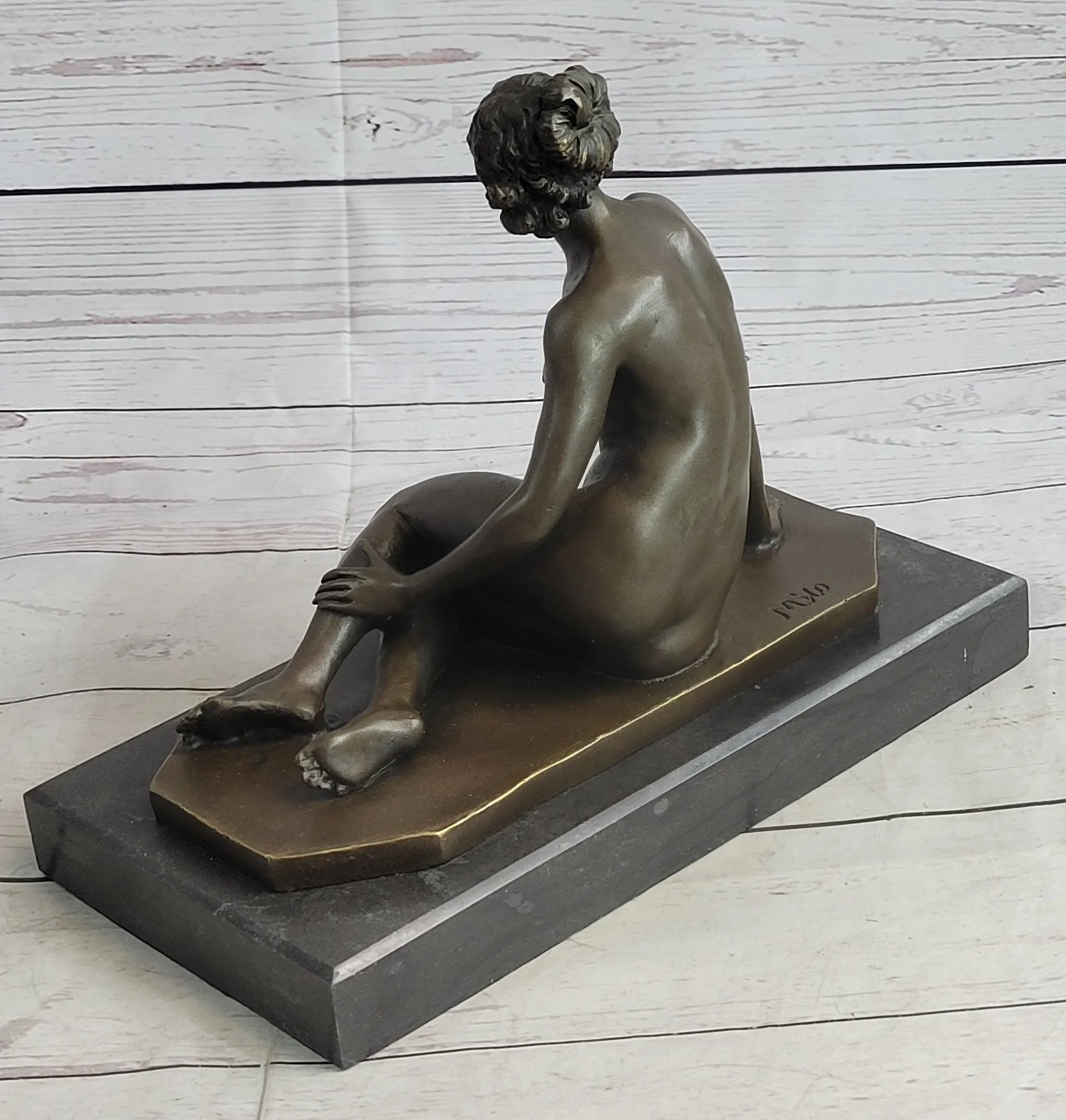 Nude Seated Classical Female Bronze Statue Sculpture Figure on Marble Base by Milo