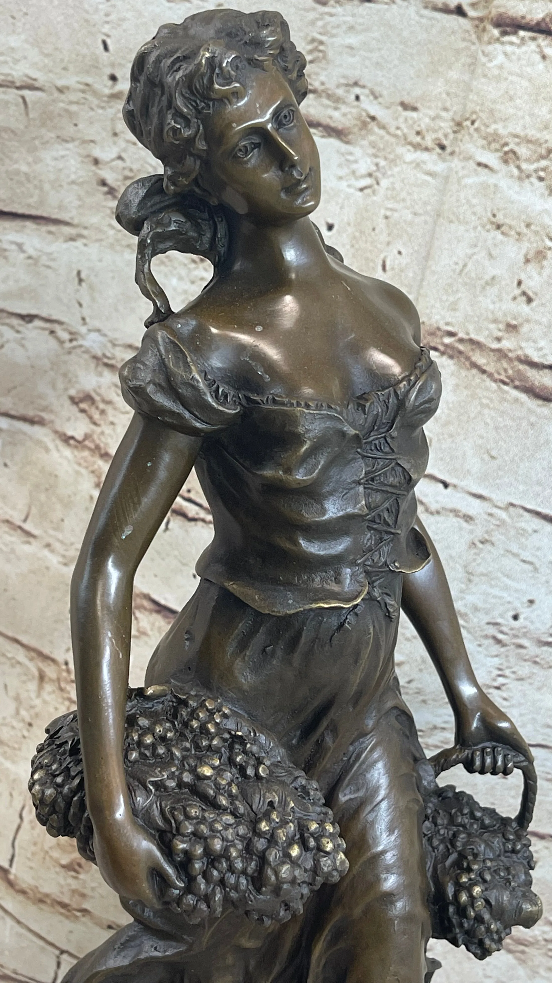 Original Signed Milo Maiden Picking Grape Bronze Sculpture Art Statue Figurine