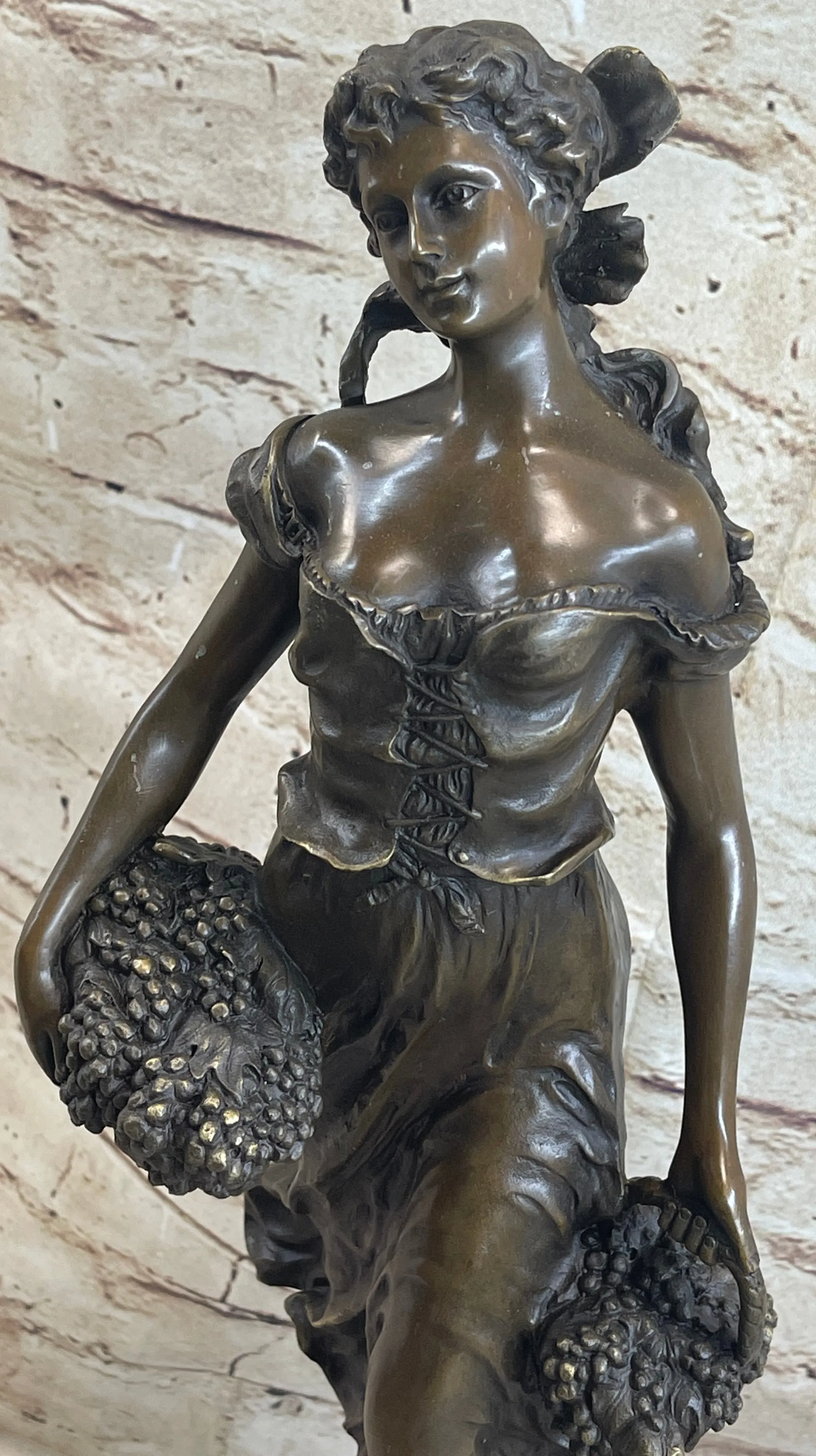 Original Signed Milo Maiden Picking Grape Bronze Sculpture Art Statue Figurine