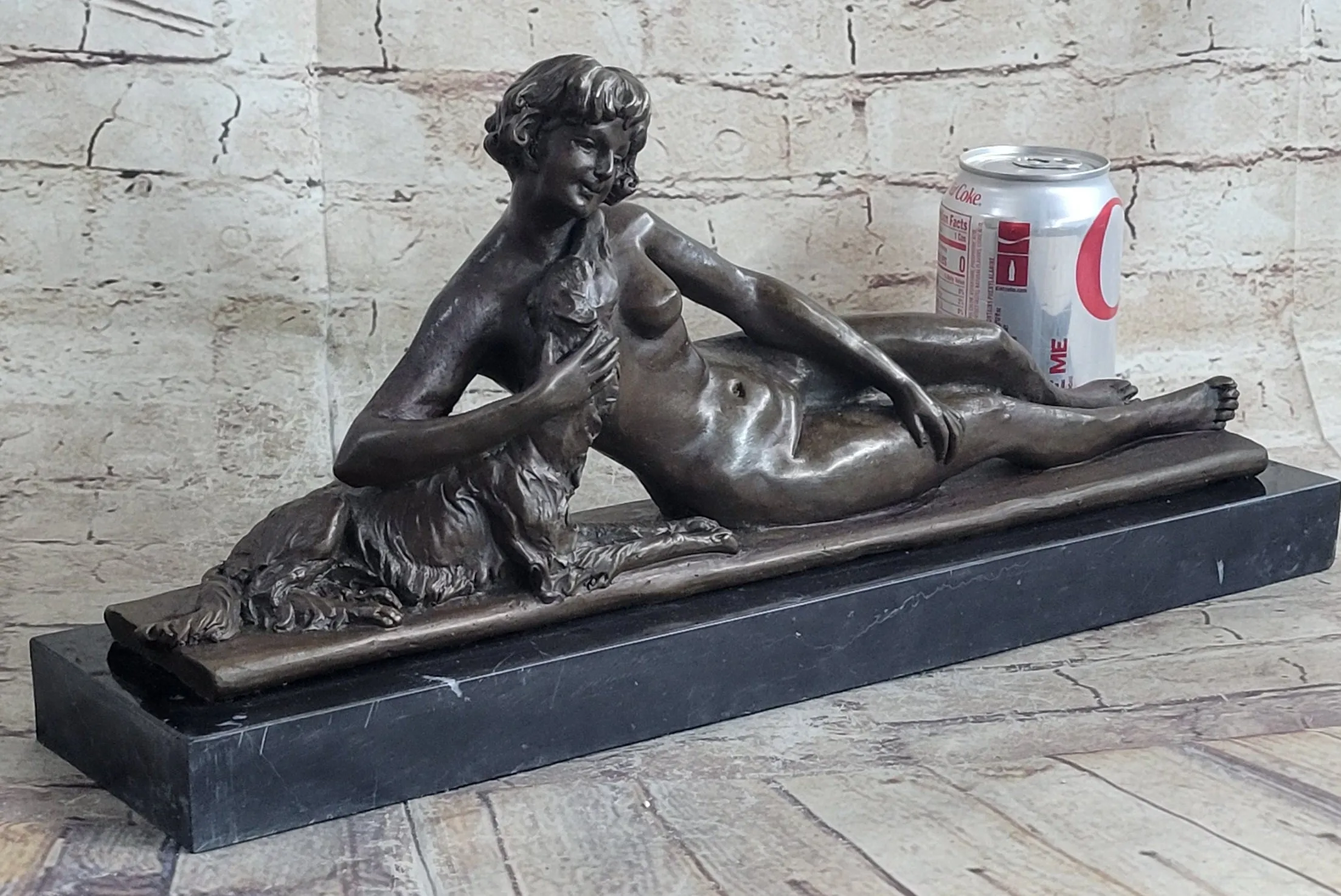 Reclining Nude Woman & Pet Dog Bronze Statue Sculpture Figure on Marble Base