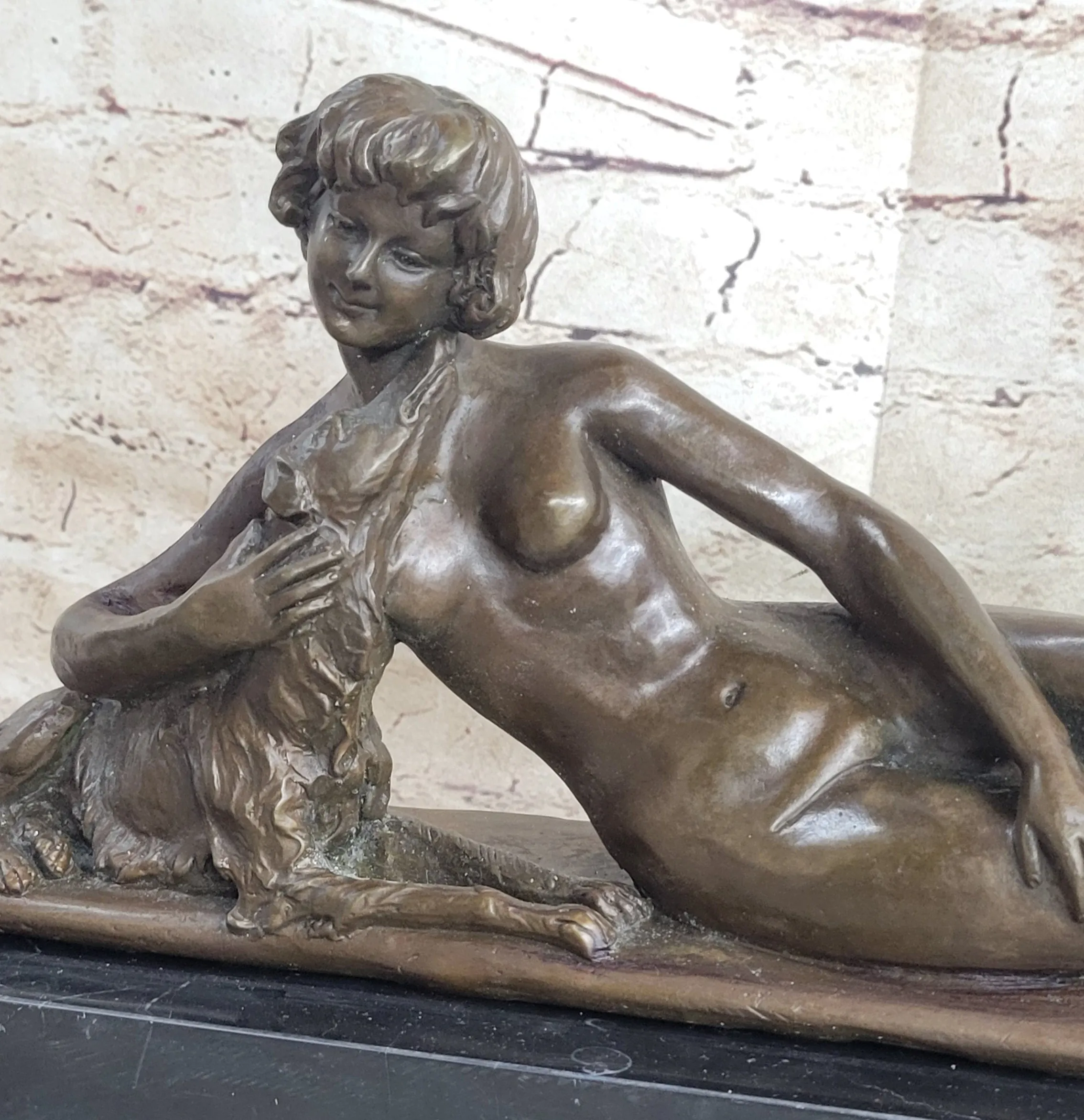 Reclining Nude Woman & Pet Dog Bronze Statue Sculpture Figure on Marble Base