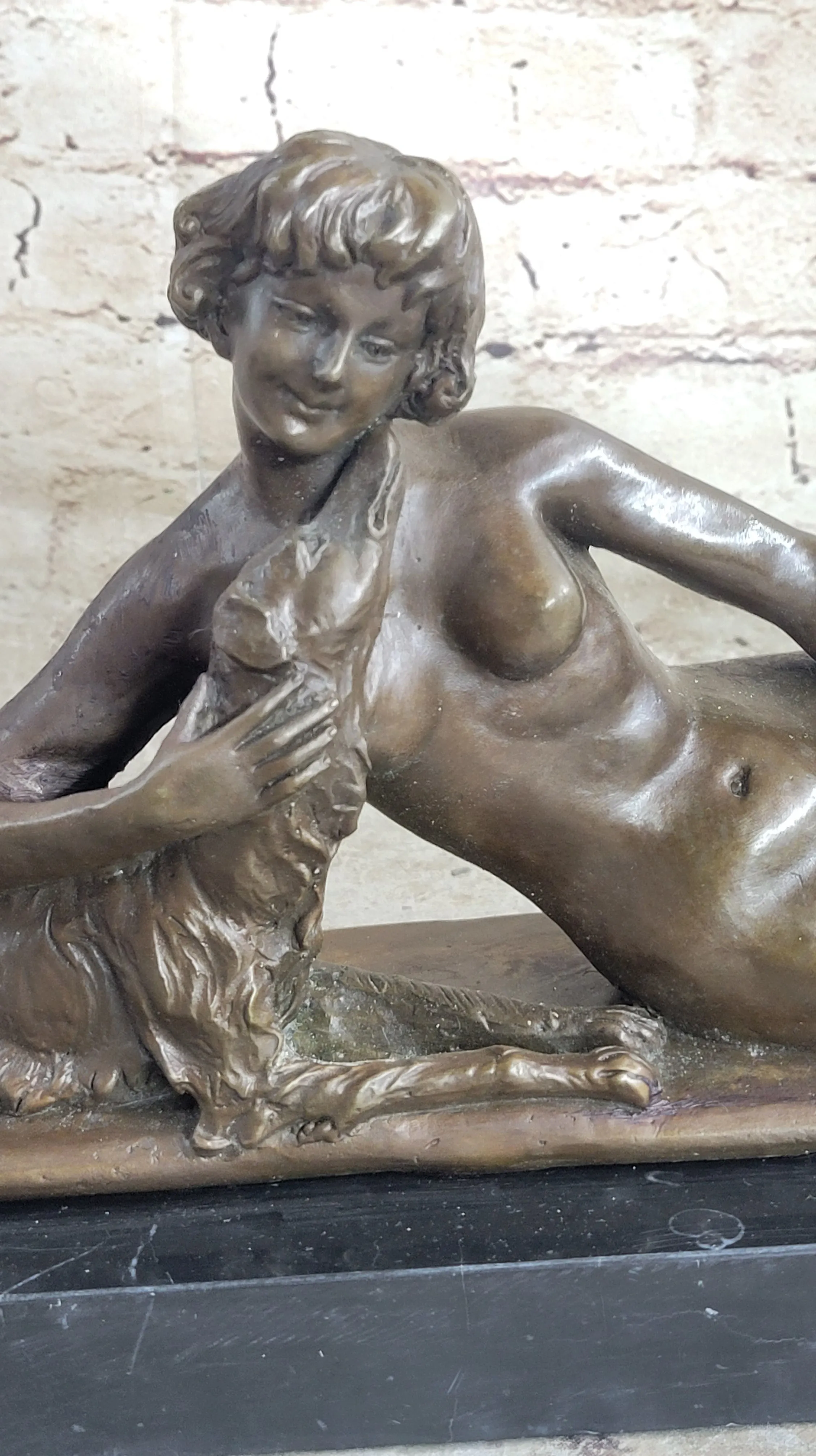 Reclining Nude Woman & Pet Dog Bronze Statue Sculpture Figure on Marble Base