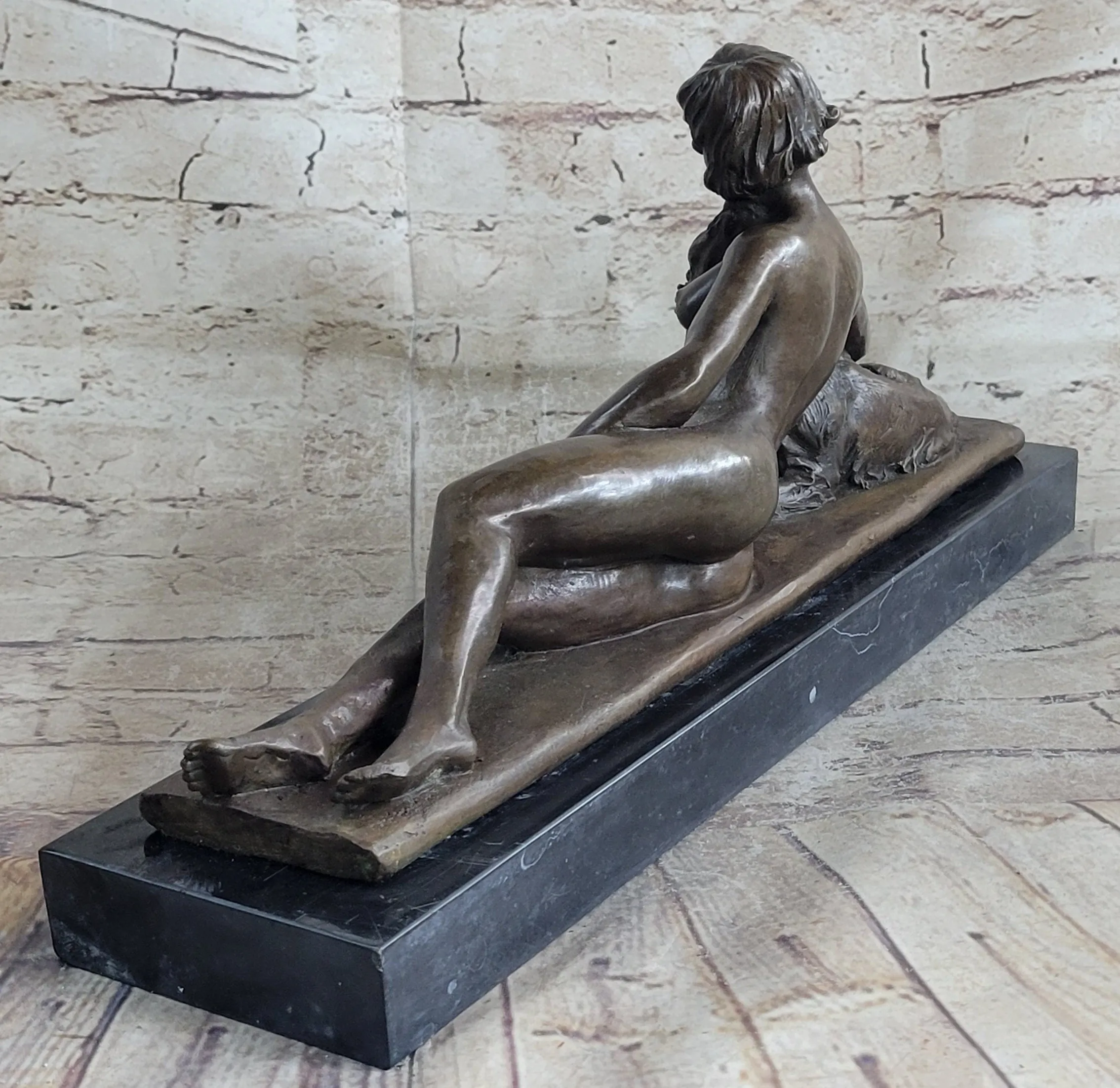 Reclining Nude Woman & Pet Dog Bronze Statue Sculpture Figure on Marble Base