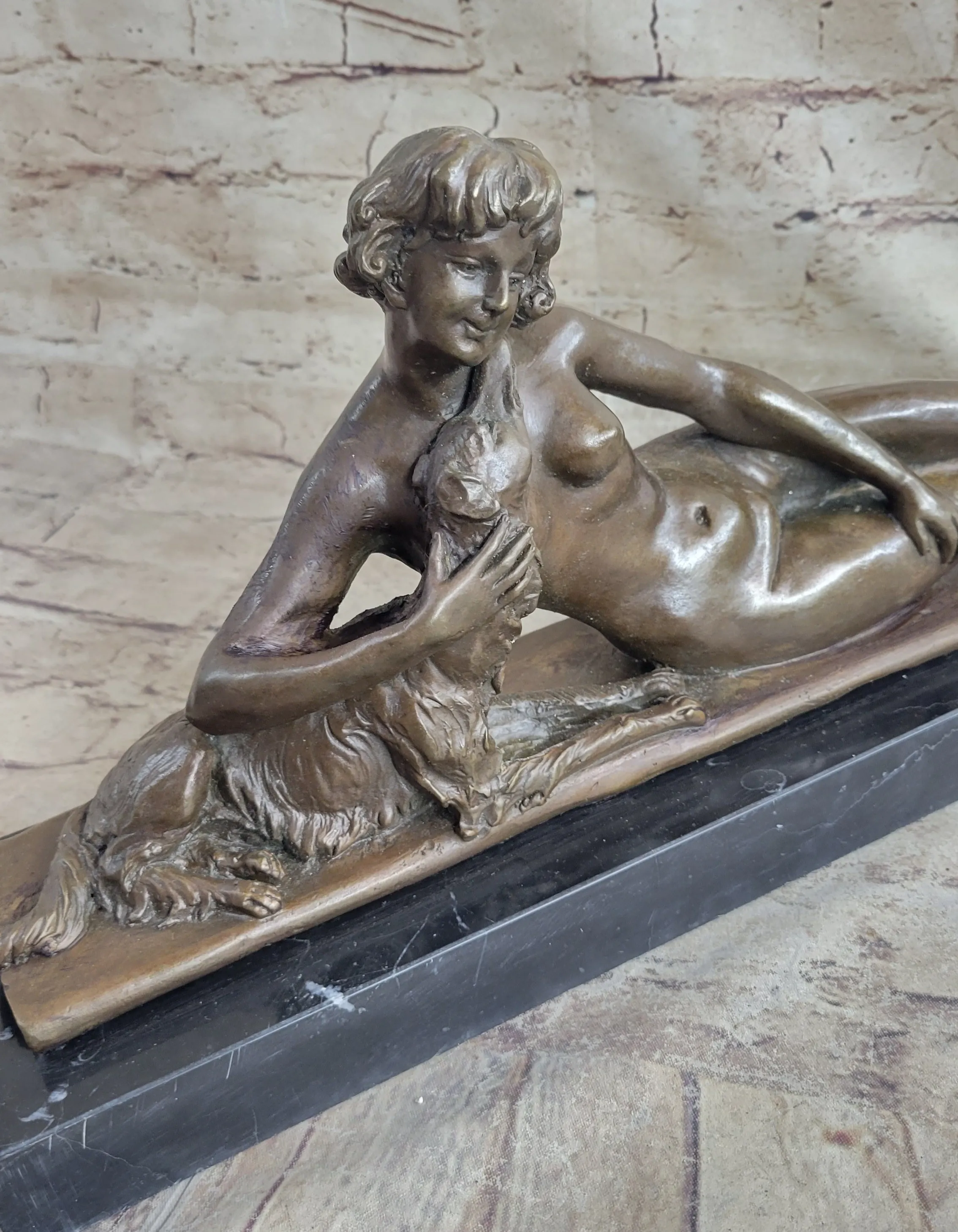 Reclining Nude Woman & Pet Dog Bronze Statue Sculpture Figure on Marble Base