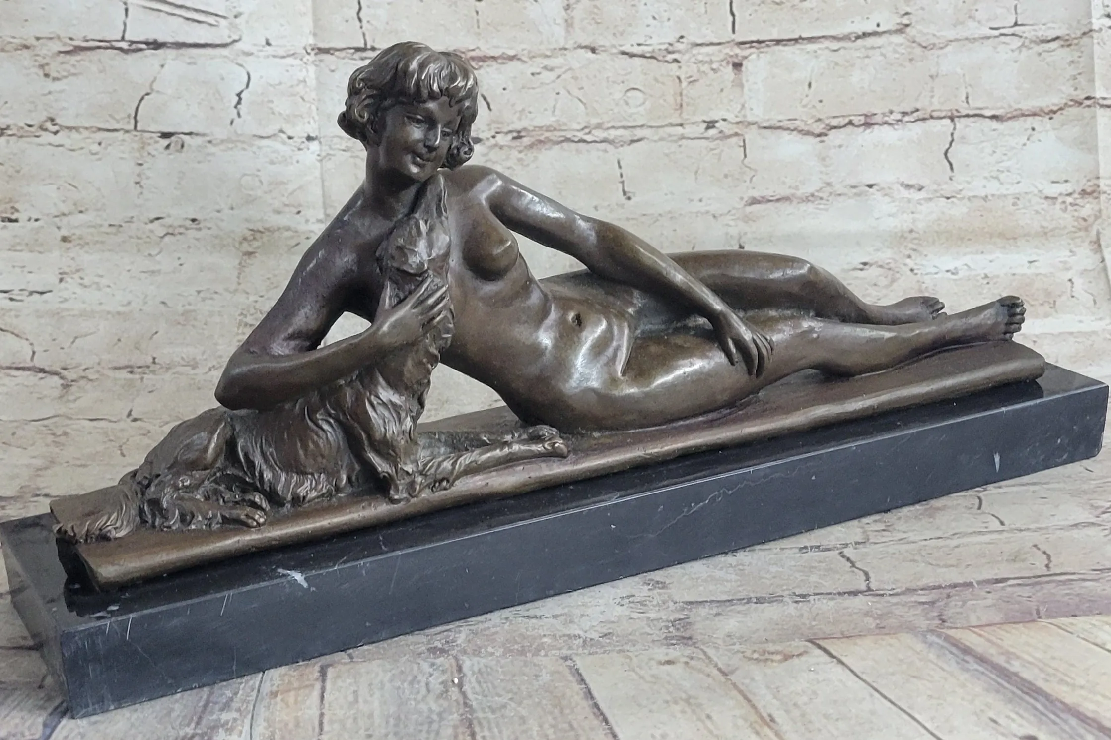 Reclining Nude Woman & Pet Dog Bronze Statue Sculpture Figure on Marble Base