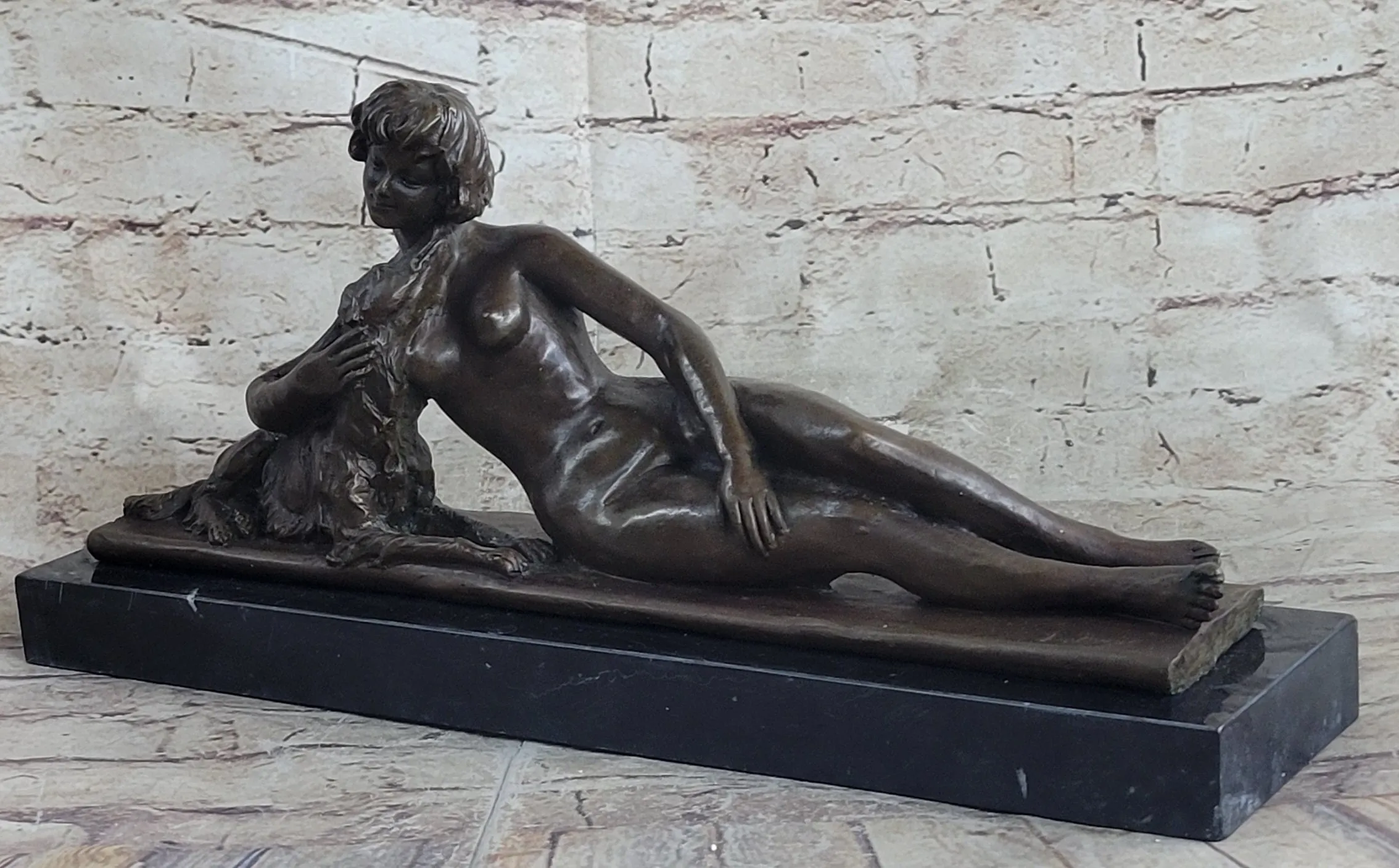 Reclining Nude Woman & Pet Dog Bronze Statue Sculpture Figure on Marble Base