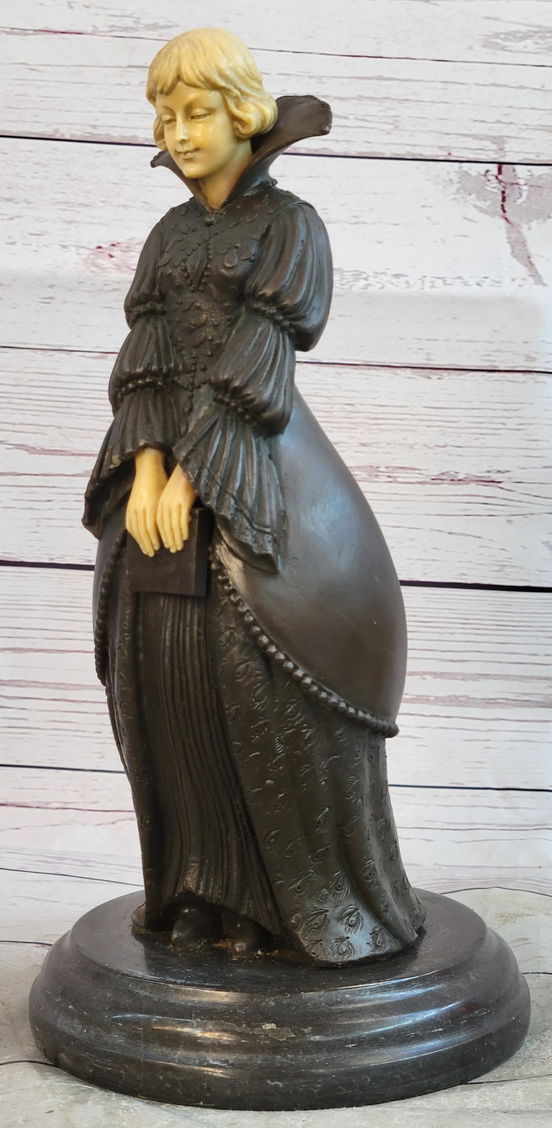 Victorian Era Woman Holding a Book Bronze Sculpture Statue on Marble Base