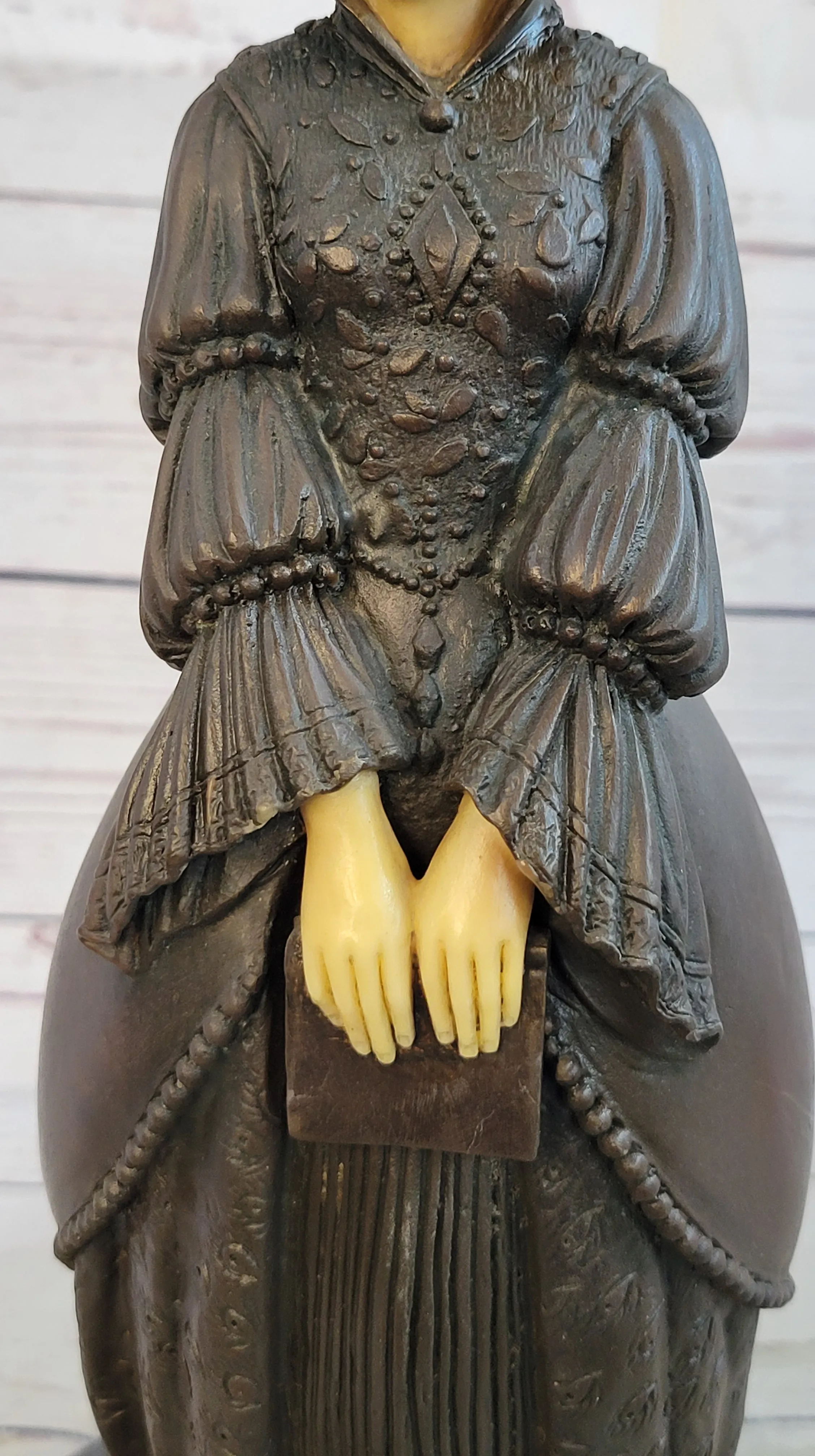 Victorian Era Woman Holding a Book Bronze Sculpture Statue on Marble Base