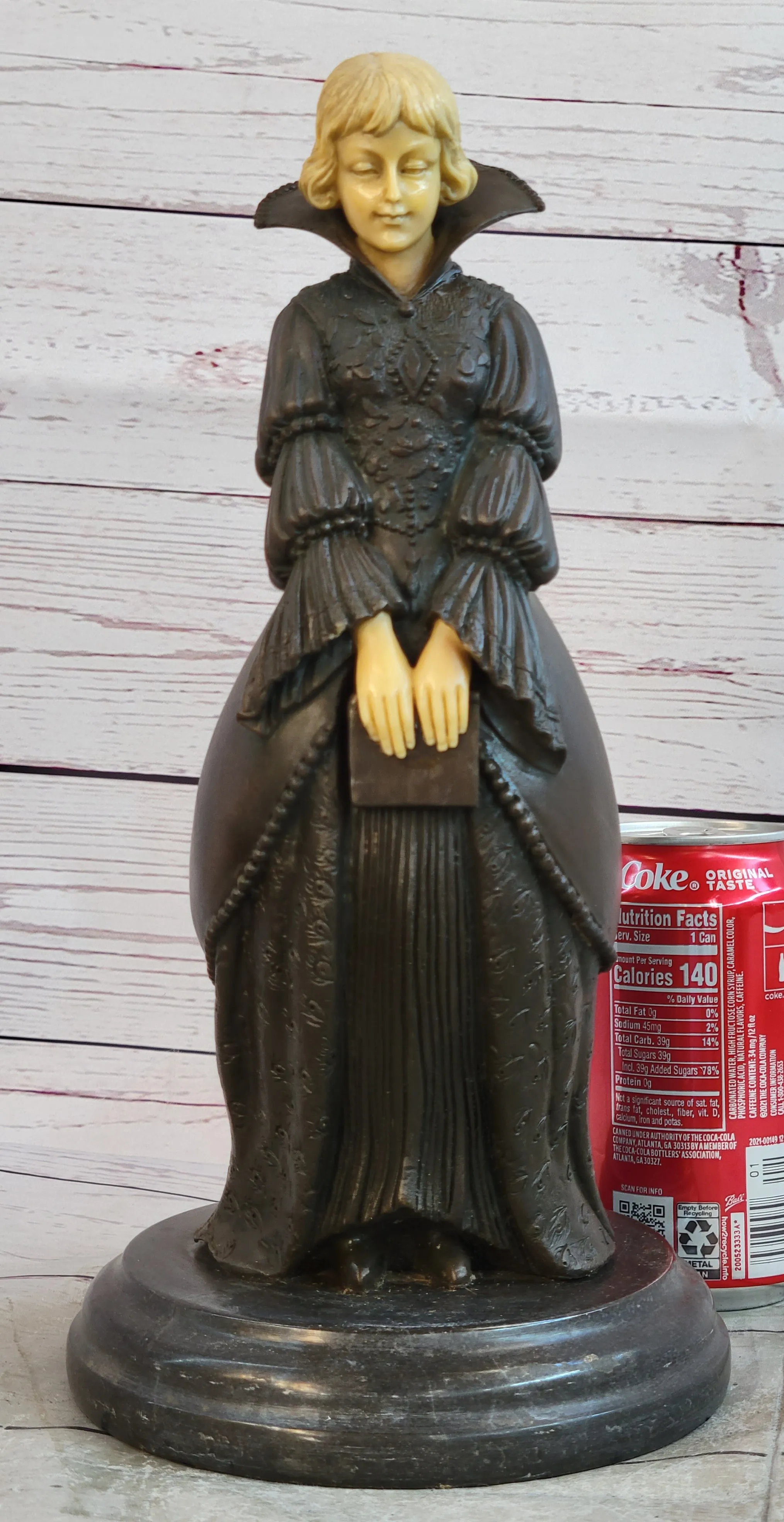 Victorian Era Woman Holding a Book Bronze Sculpture Statue on Marble Base