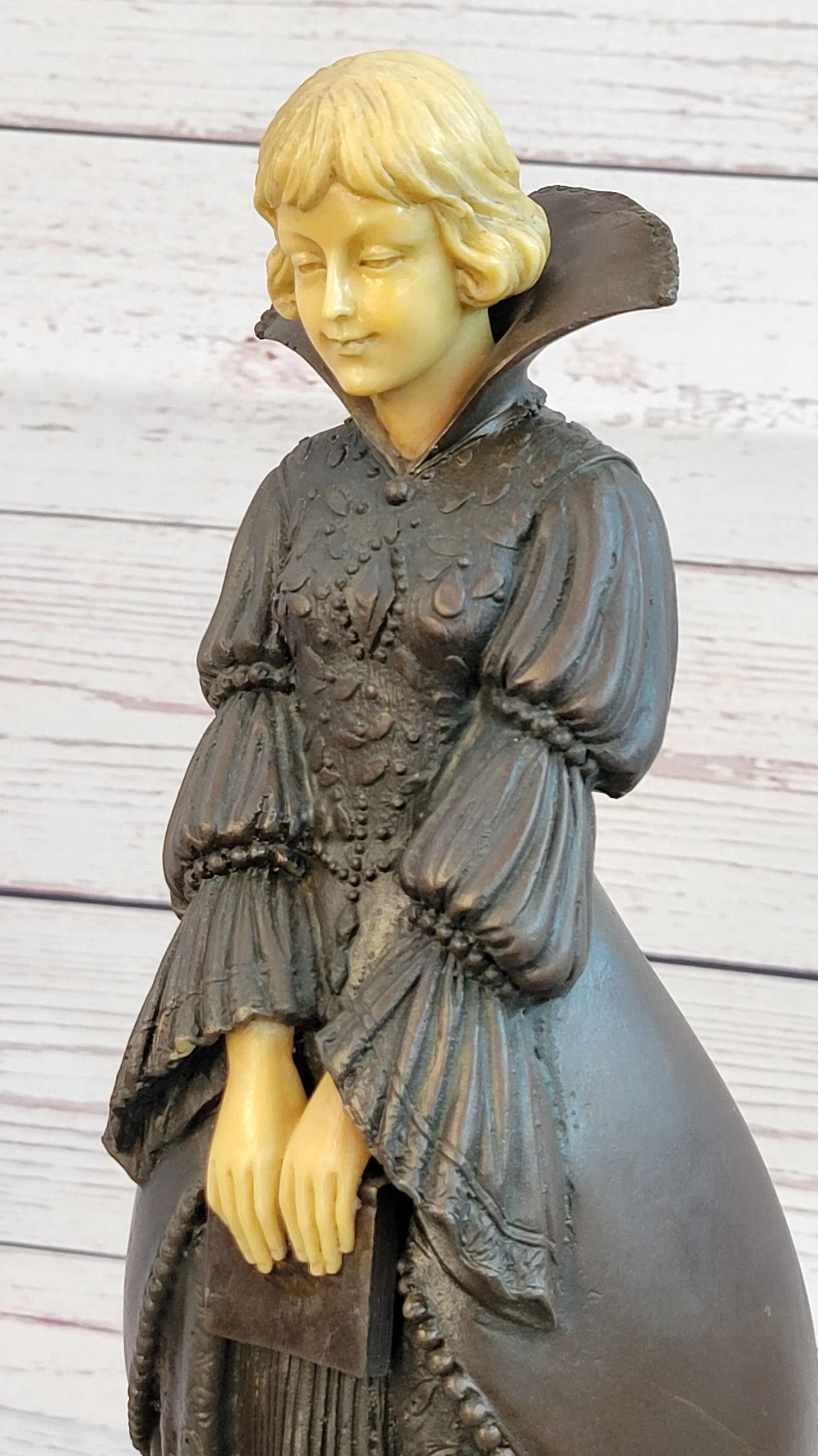 Victorian Era Woman Holding a Book Bronze Sculpture Statue on Marble Base