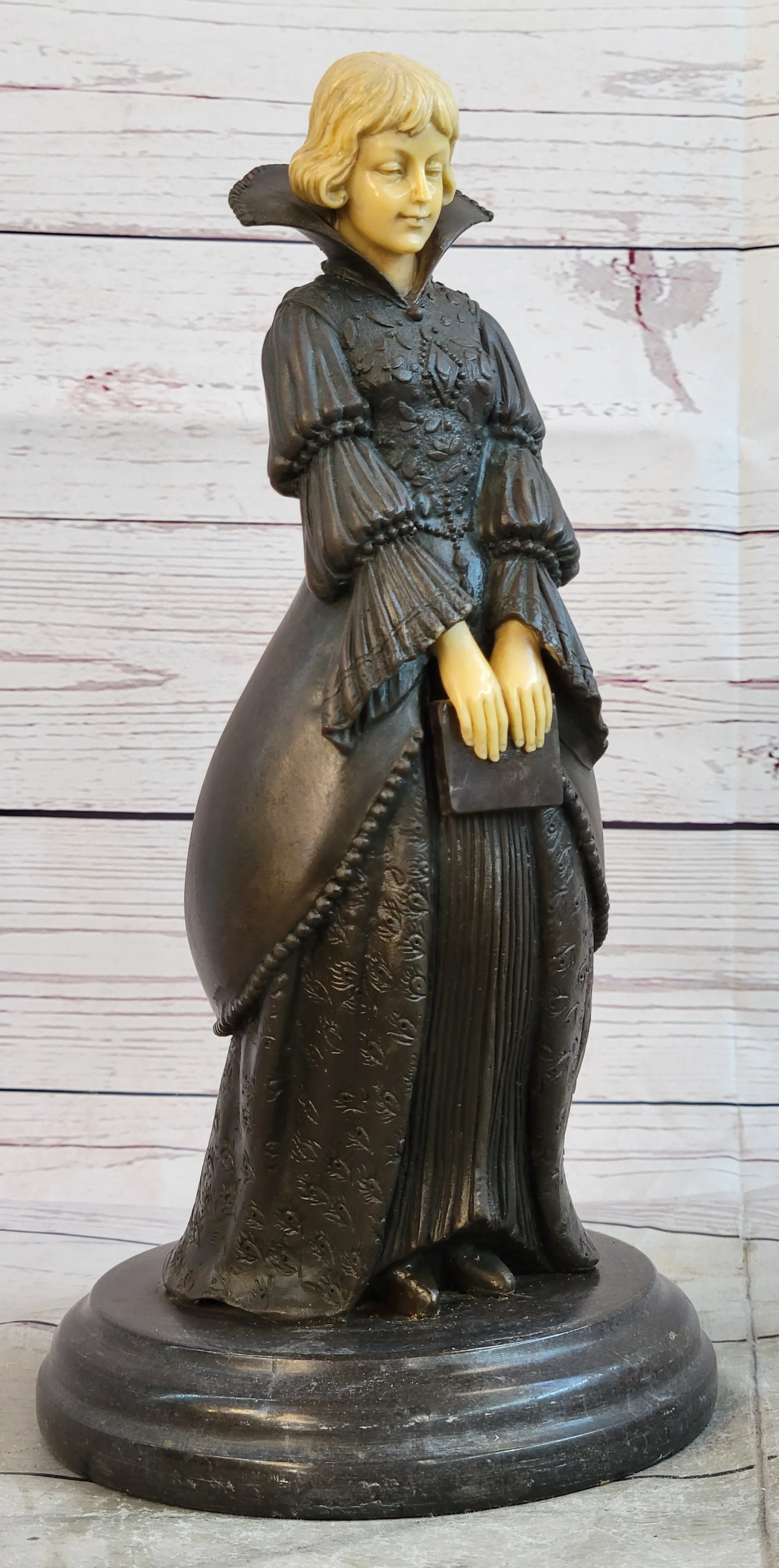 Victorian Era Woman Holding a Book Bronze Sculpture Statue on Marble Base