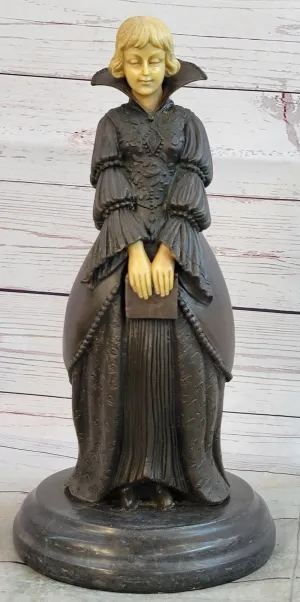 Victorian Era Woman Holding a Book Bronze Sculpture Statue on Marble Base