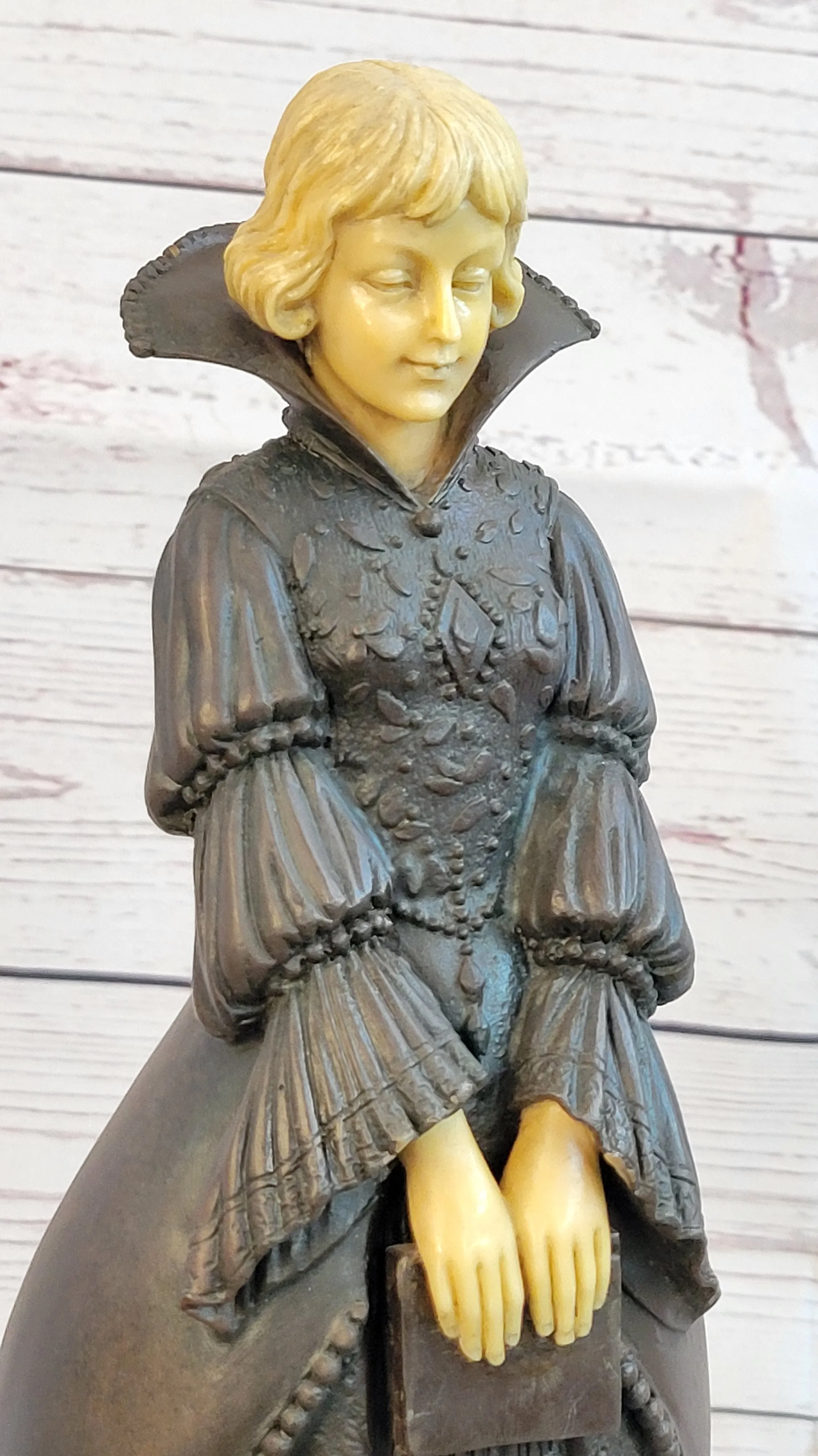 Victorian Era Woman Holding a Book Bronze Sculpture Statue on Marble Base