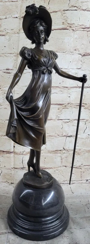 Victorian Lady Signed Sculpture Elegant Art Nouveau Bronze Statue Figurine Deco