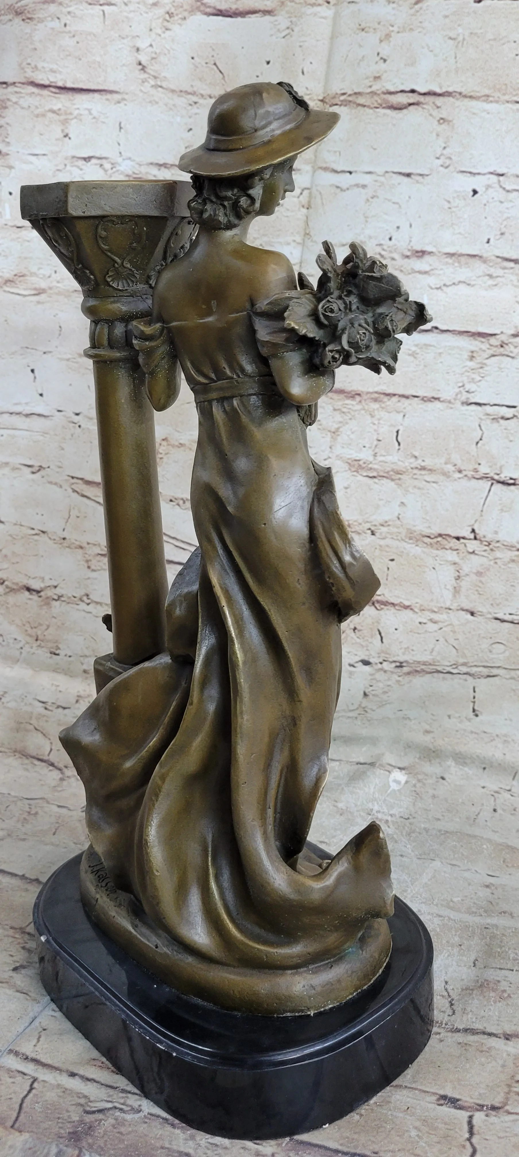 Victorian Style Captive Lady Holding Bouquet of Flowers Bronze Sculpture Figurin