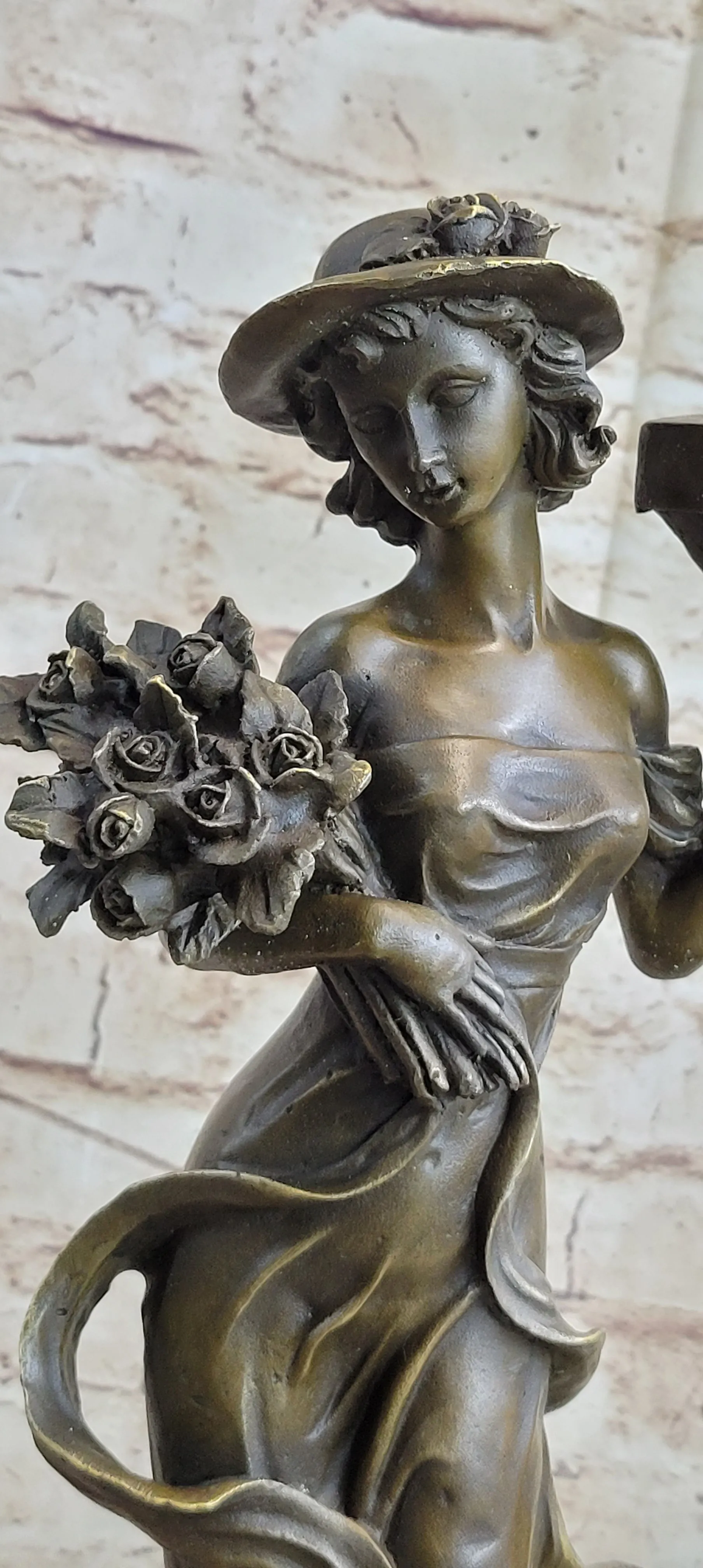 Victorian Style Captive Lady Holding Bouquet of Flowers Bronze Sculpture Figurin