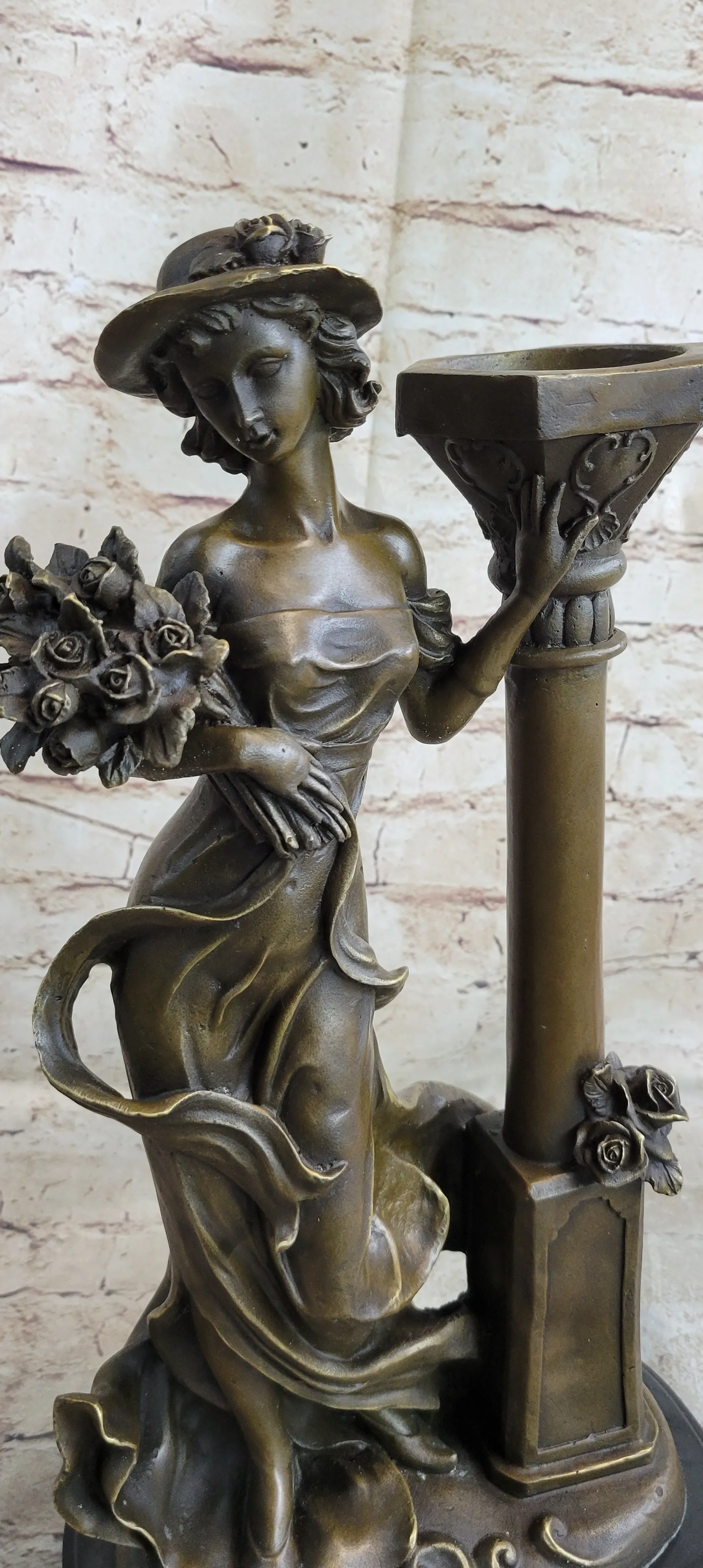 Victorian Style Captive Lady Holding Bouquet of Flowers Bronze Sculpture Figurin