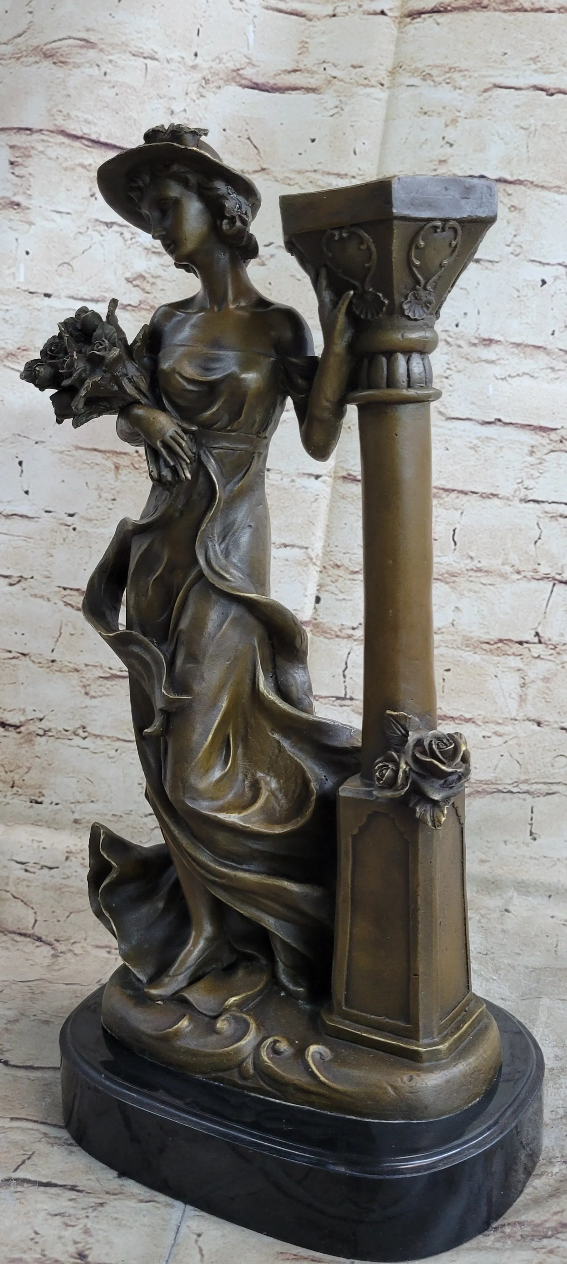 Victorian Style Captive Lady Holding Bouquet of Flowers Bronze Sculpture Figurin