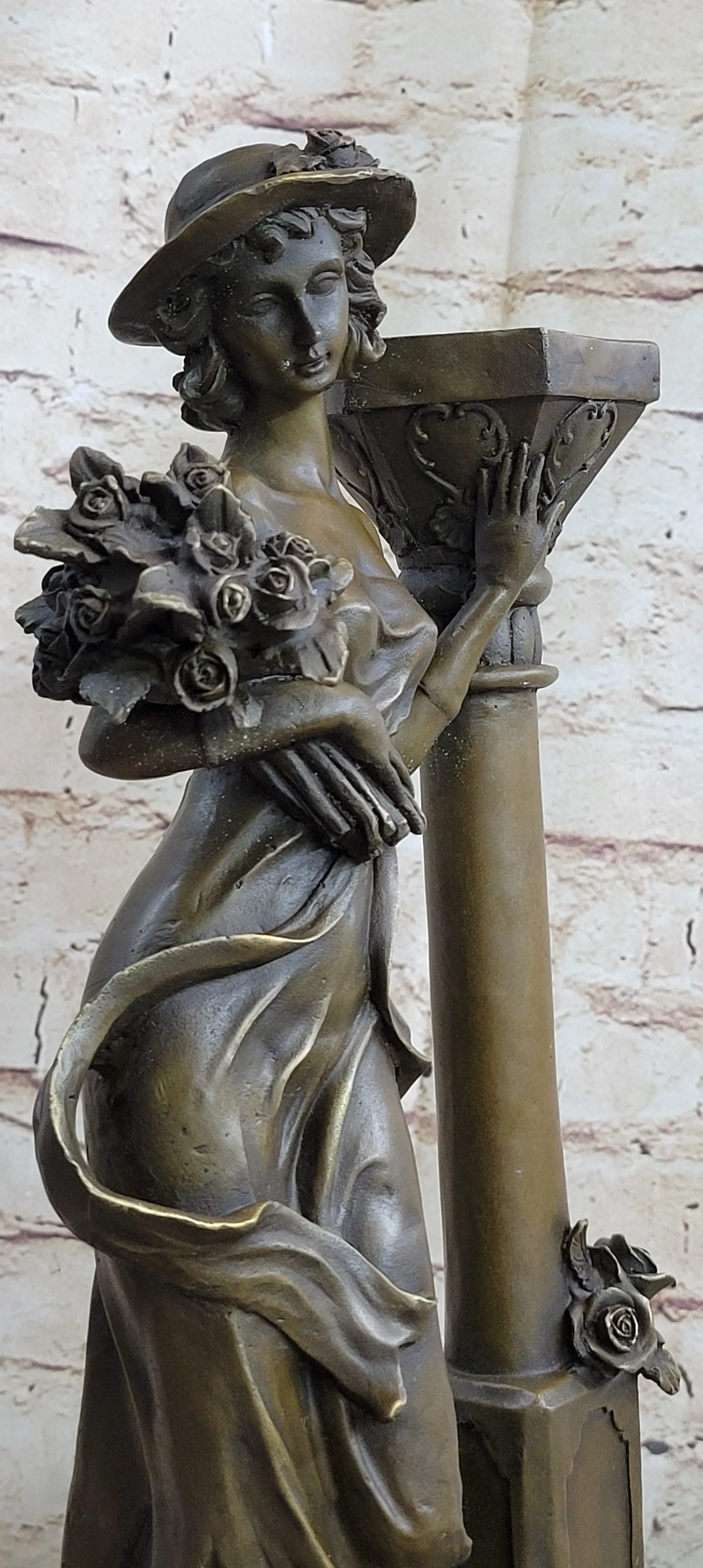 Victorian Style Captive Lady Holding Bouquet of Flowers Bronze Sculpture Figurin