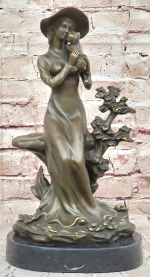 Young Lady Holding a Puppy Dog - Signed Original Bronze Sculpture Figure on Marble Base